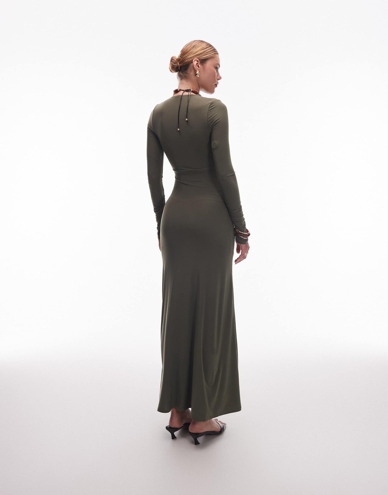 ASOS DESIGN slash front maxi dress with gauging detail in khaki