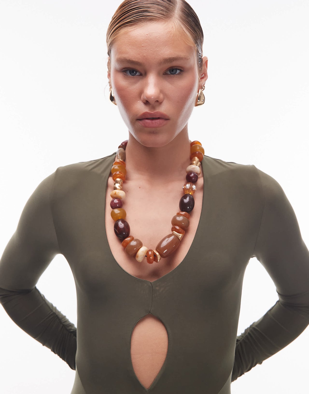 ASOS DESIGN slash front maxi dress with gauging detail in khaki