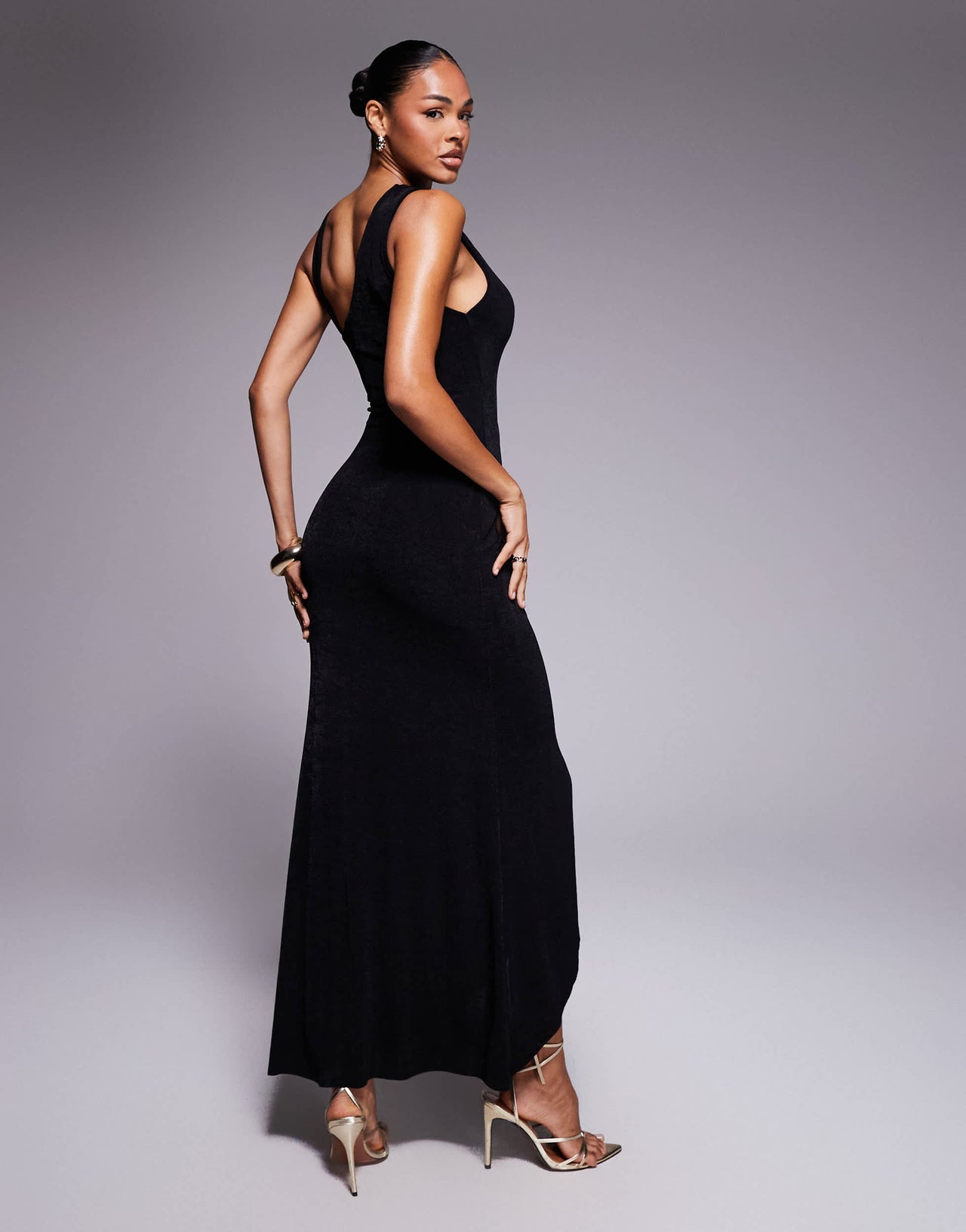 ASOS DESIGN high neck slinky maxi dress with drape in black