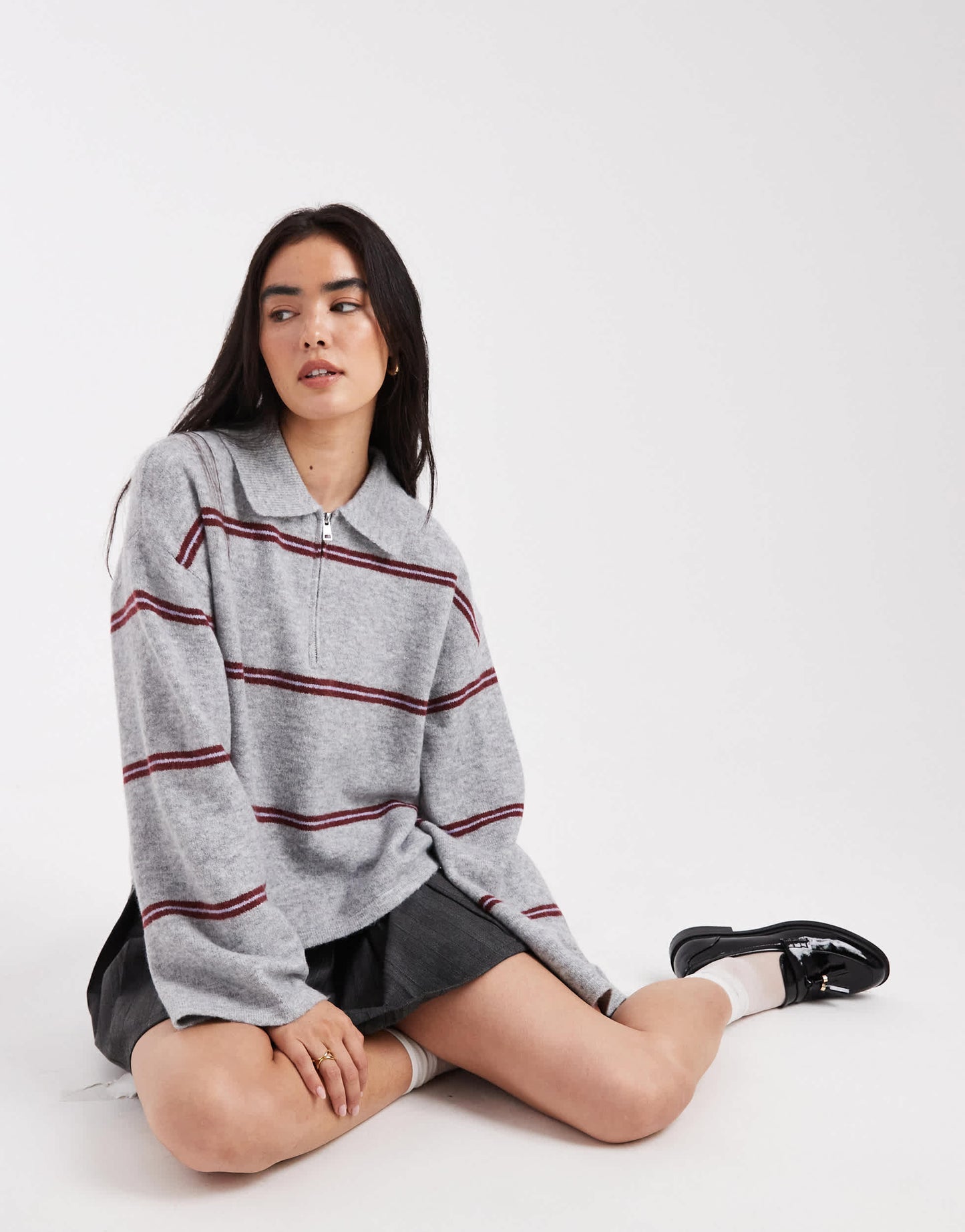 Pieces oversized knitted polo in light grey melange and burgundy stripe