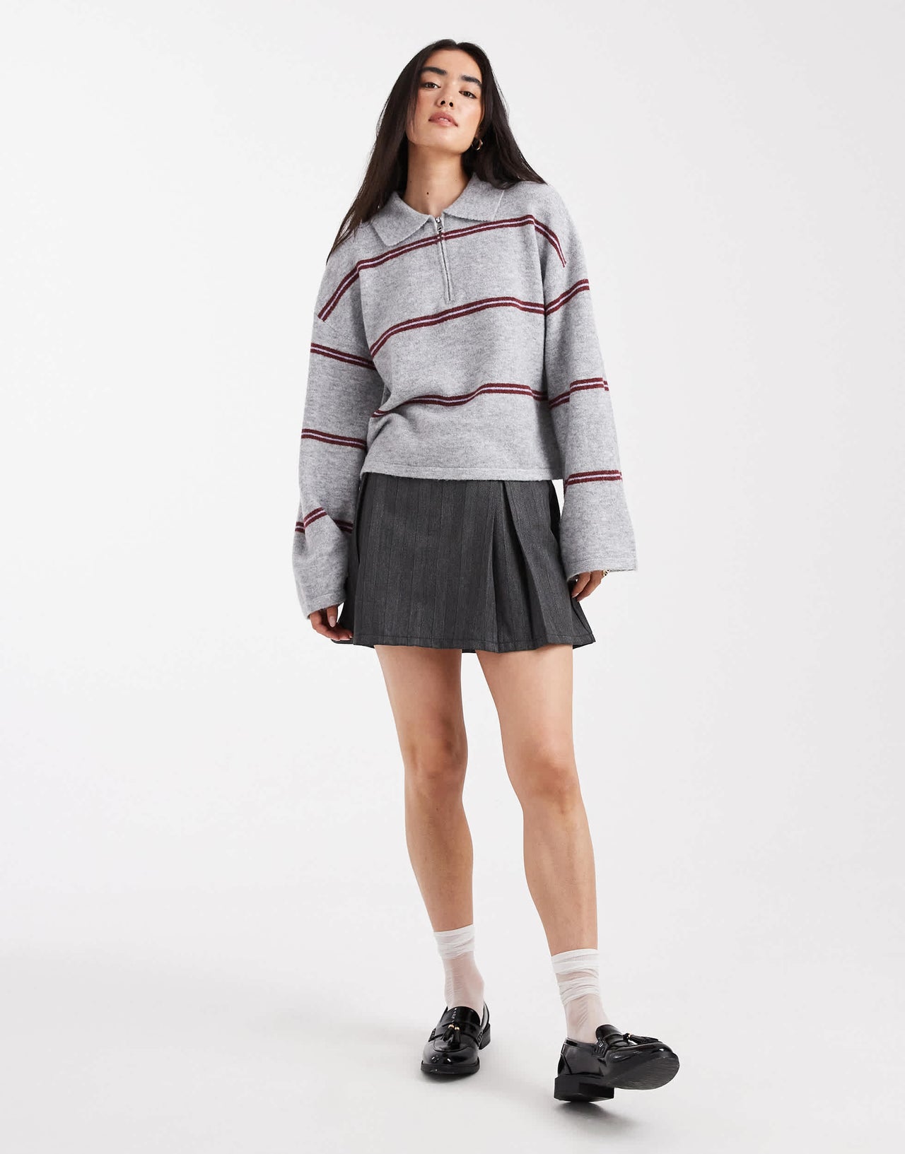 Pieces oversized knitted polo in light grey melange and burgundy stripe