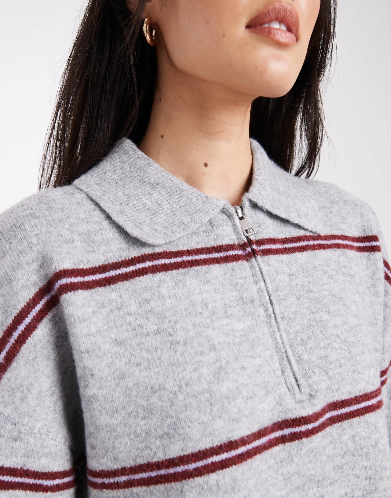 Pieces oversized knitted polo in light grey melange and burgundy stripe