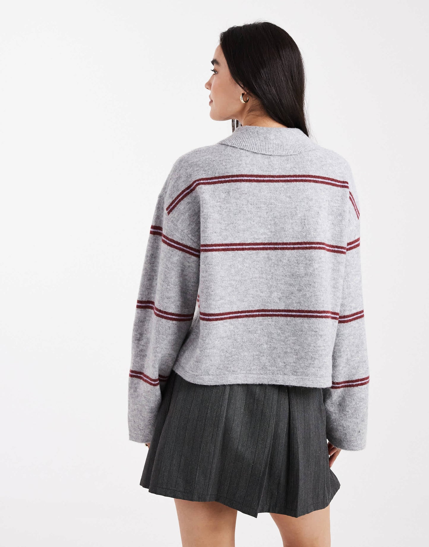 Pieces oversized knitted polo in light grey melange and burgundy stripe