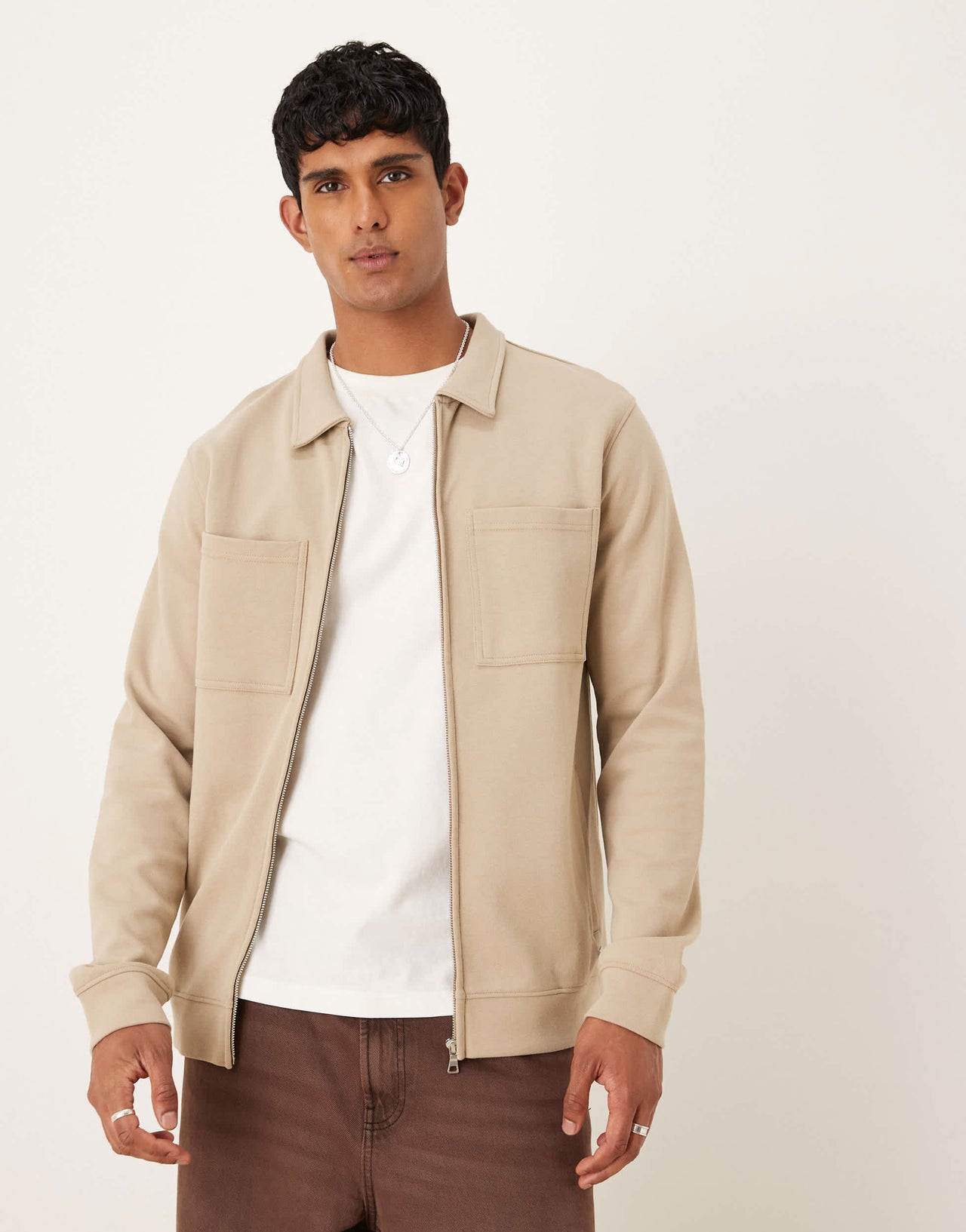 Threadbare cotton mix 300 GSM long sleeve overshirt in stone