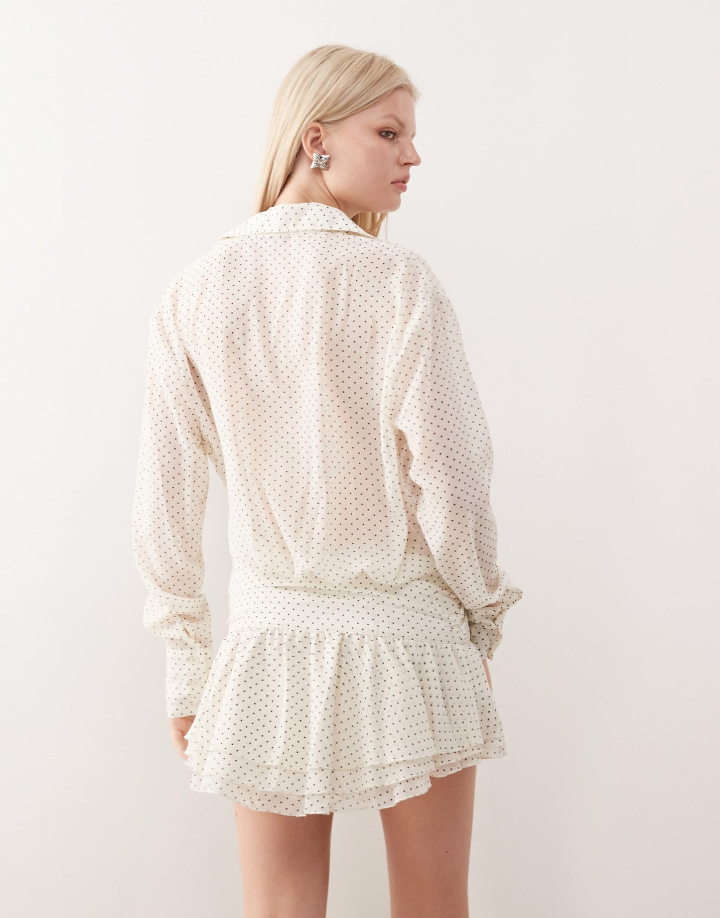 Lioness button front cinched waistband mini shirt dress in white polka dot