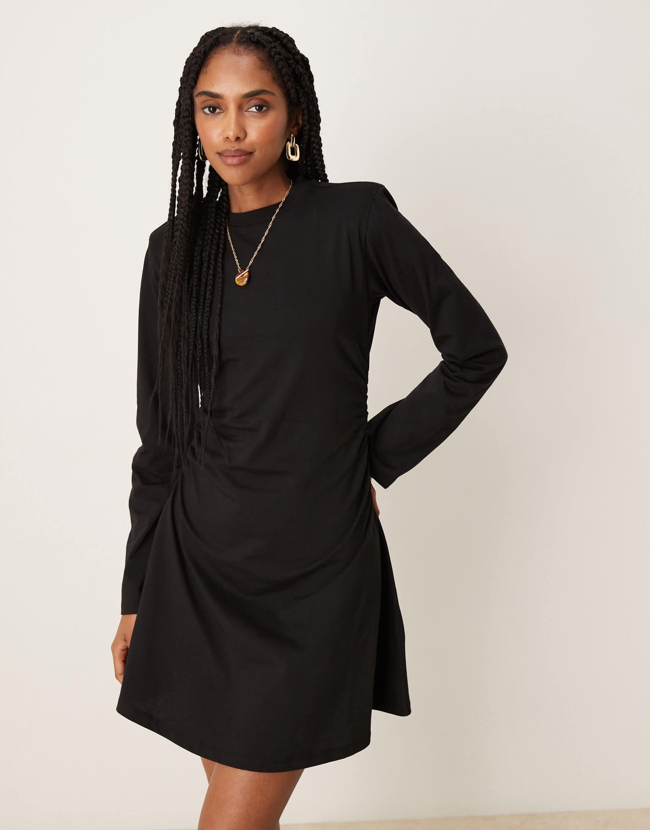 ASOS DESIGN shoulder pad detail cinched long sleeve casual mini dress in black