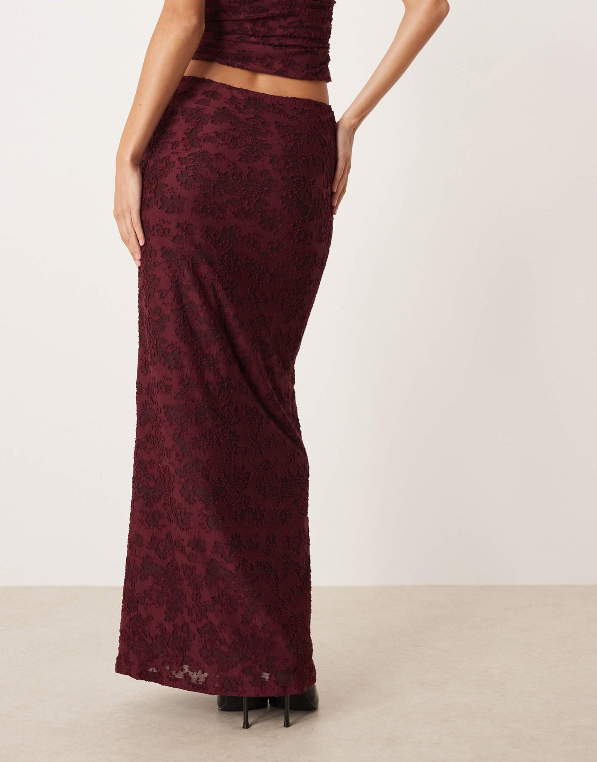 ASOS DESIGN co-ord column maxi skirt in wine burnout floral