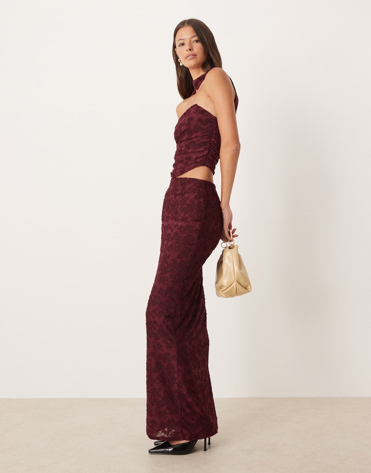 ASOS DESIGN co-ord scarf neck bandeau in wine burnout floral