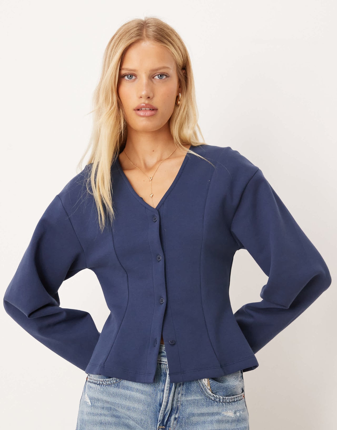 ASOS DESIGN curved cocoon sleeve button through co ord top in navy