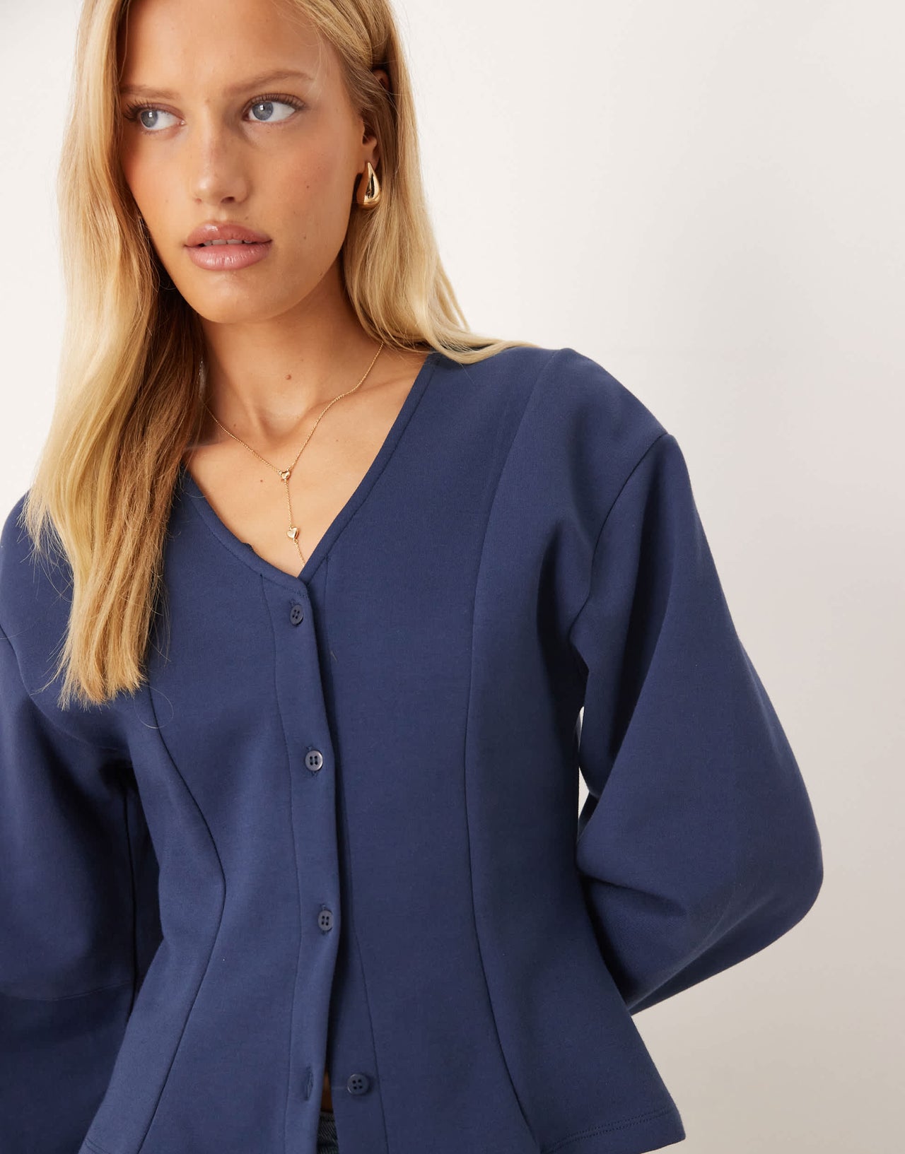 ASOS DESIGN curved cocoon sleeve button through co ord top in navy