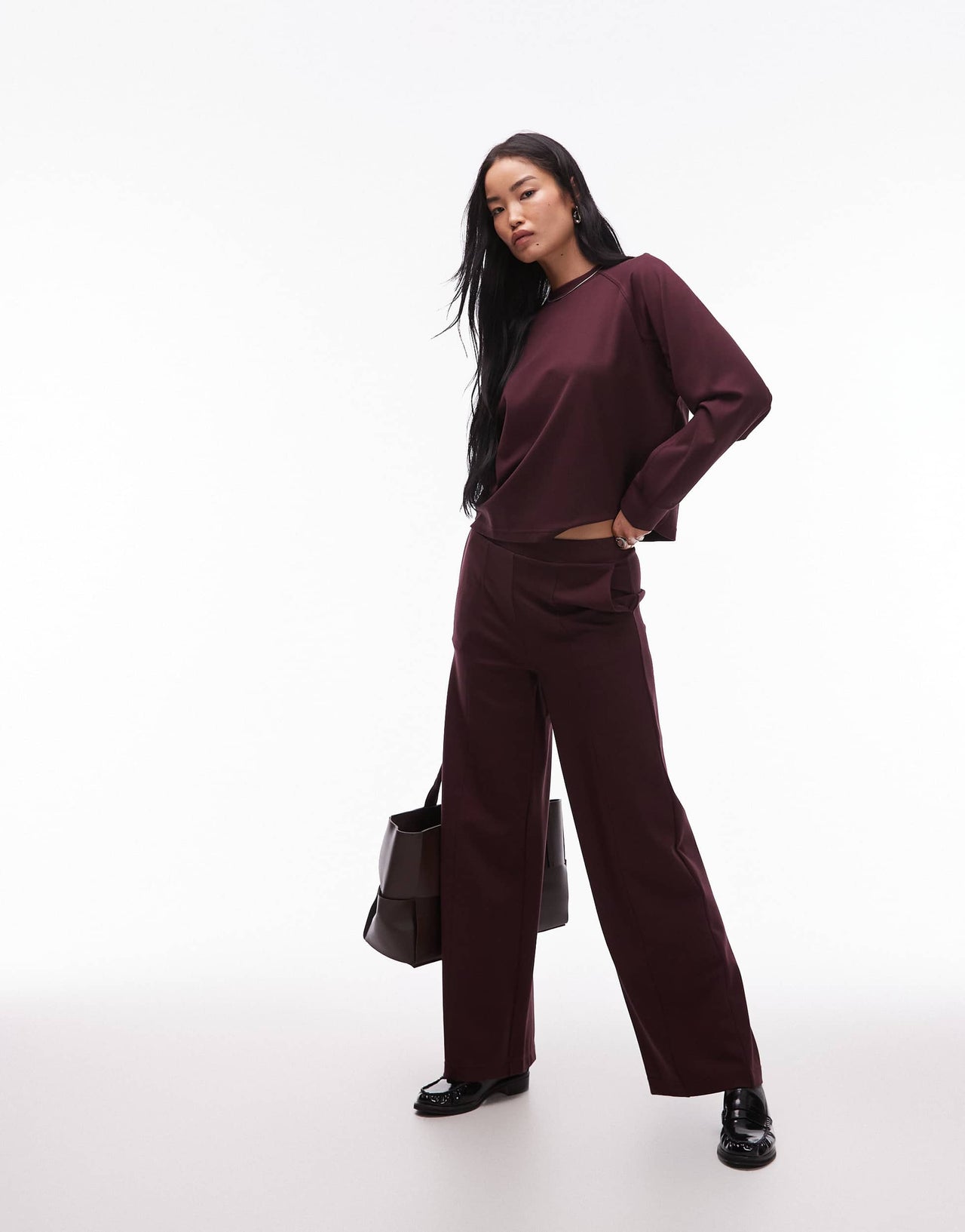 Mango pleat front straight leg jogger co-ord in burgundy