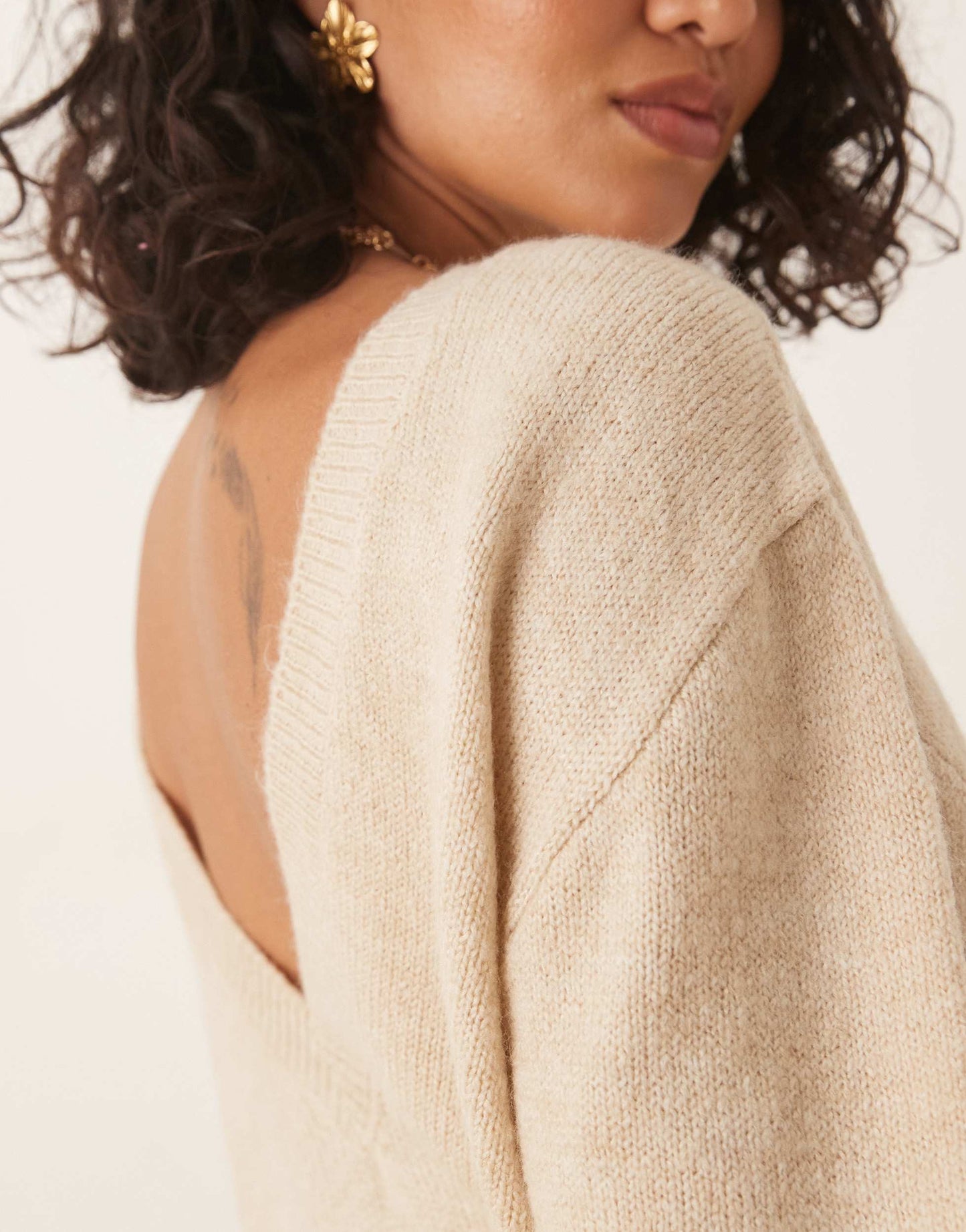 ASOS DESIGN knitted open back jumper in honey beige