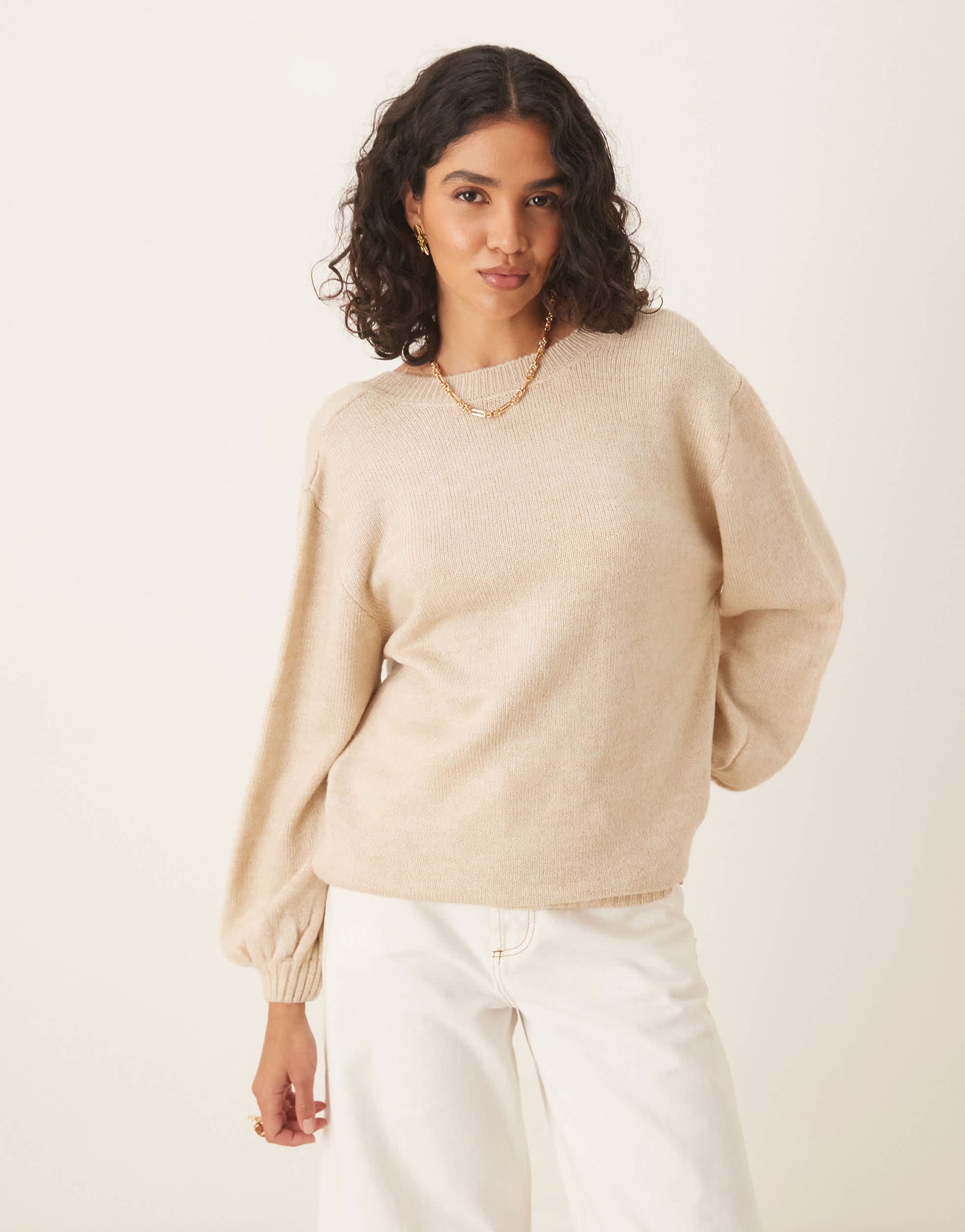 ASOS DESIGN knitted open back jumper in honey beige