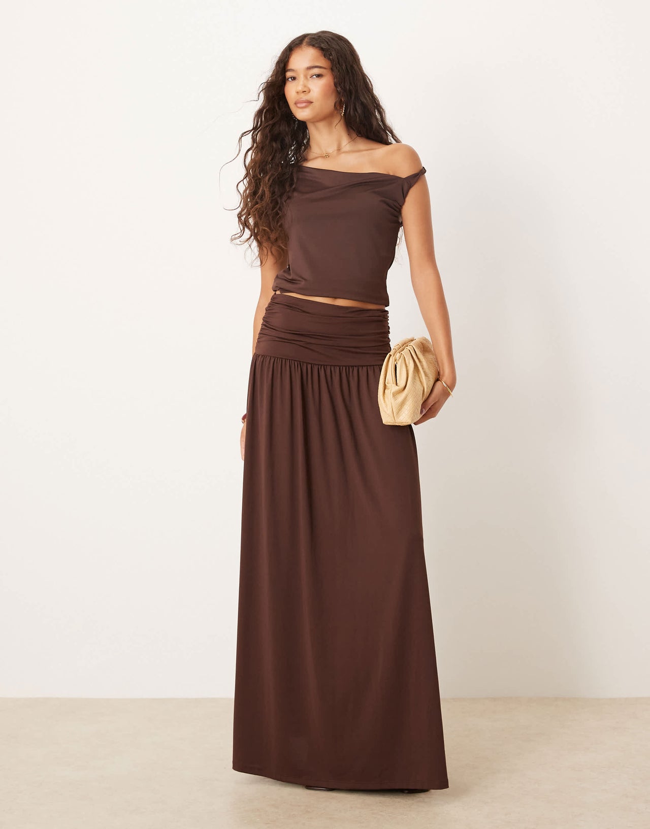 ASOS DESIGN mix & match drop waist ruched maxi skirt in chocolate