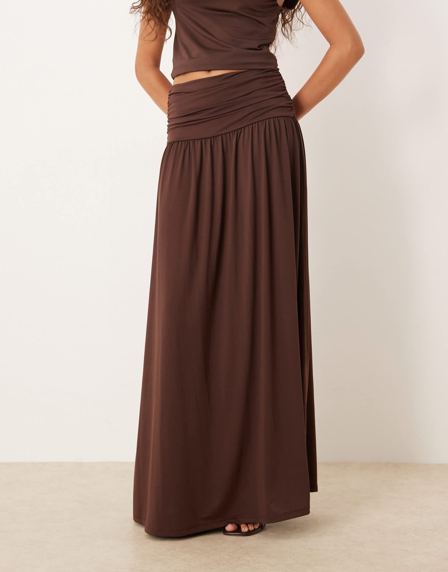 ASOS DESIGN mix & match drop waist ruched maxi skirt in chocolate