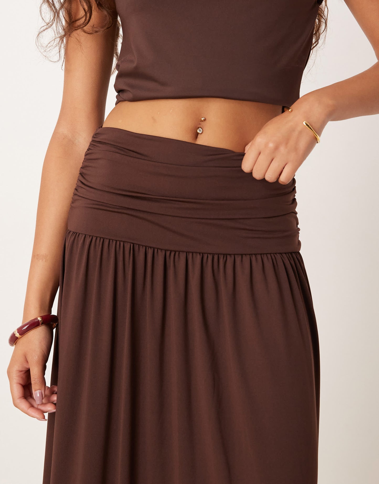 ASOS DESIGN mix & match drop waist ruched maxi skirt in chocolate
