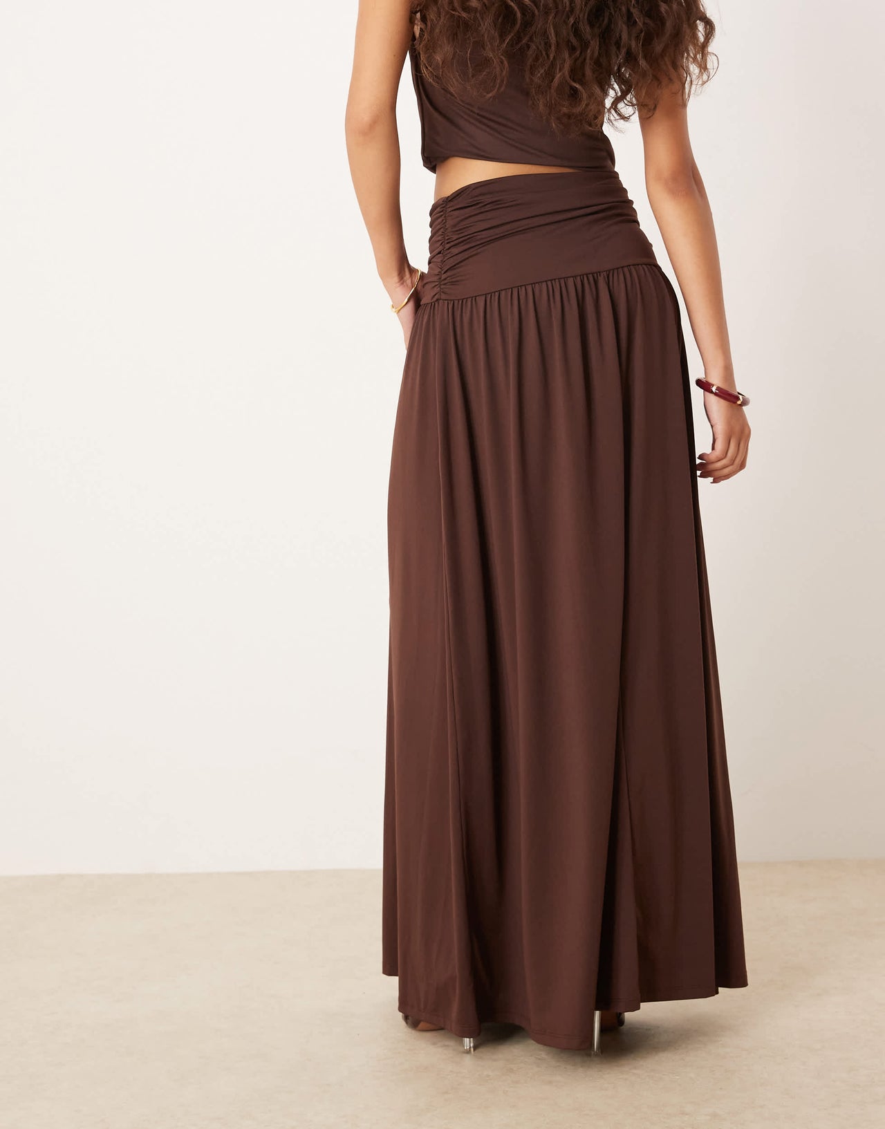 ASOS DESIGN mix & match drop waist ruched maxi skirt in chocolate