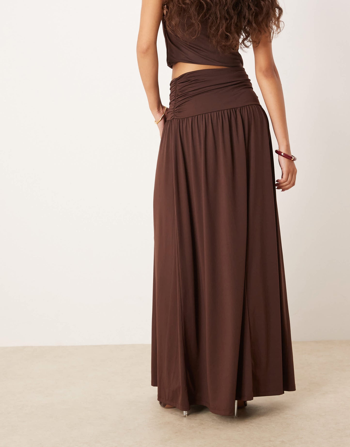 ASOS DESIGN mix & match drop waist ruched maxi skirt in chocolate