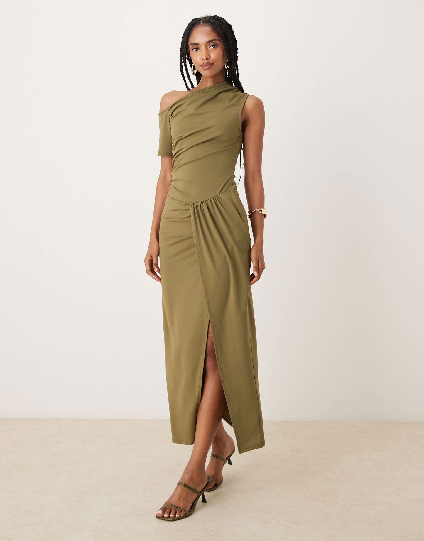 ASOS DESIGN fallen shoulder twist detail midi dress in olive