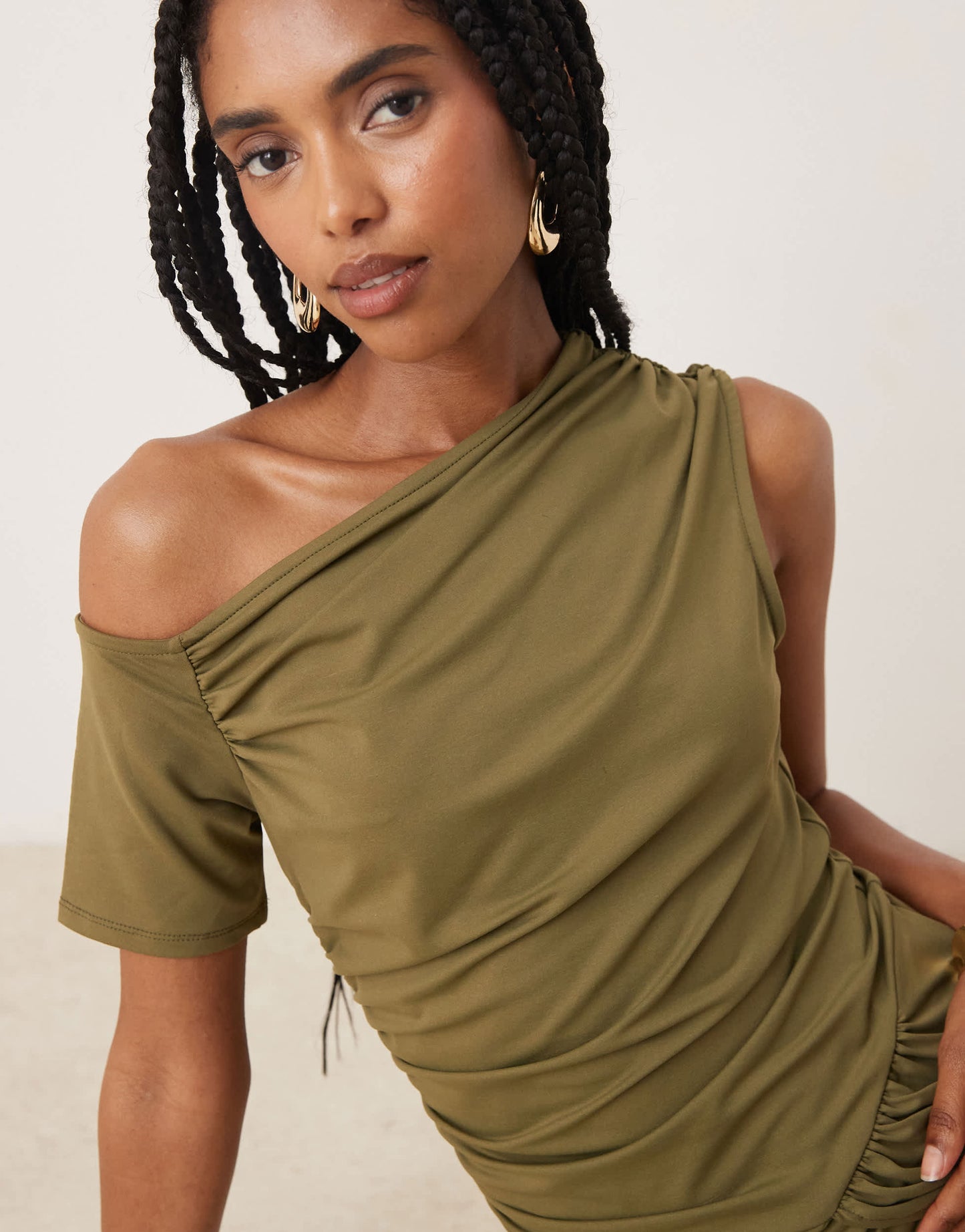 ASOS DESIGN fallen shoulder twist detail midi dress in olive