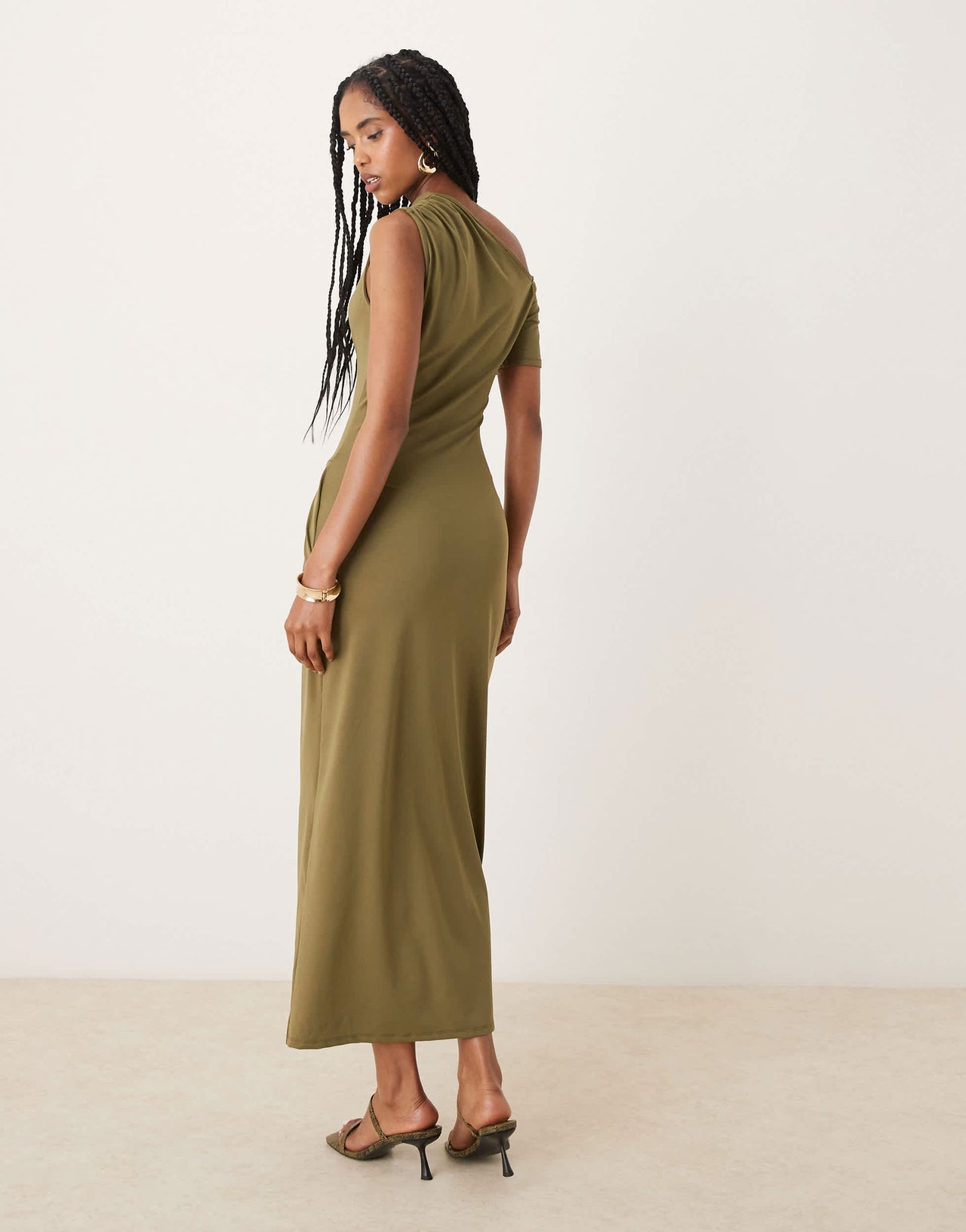 ASOS DESIGN fallen shoulder twist detail midi dress in olive
