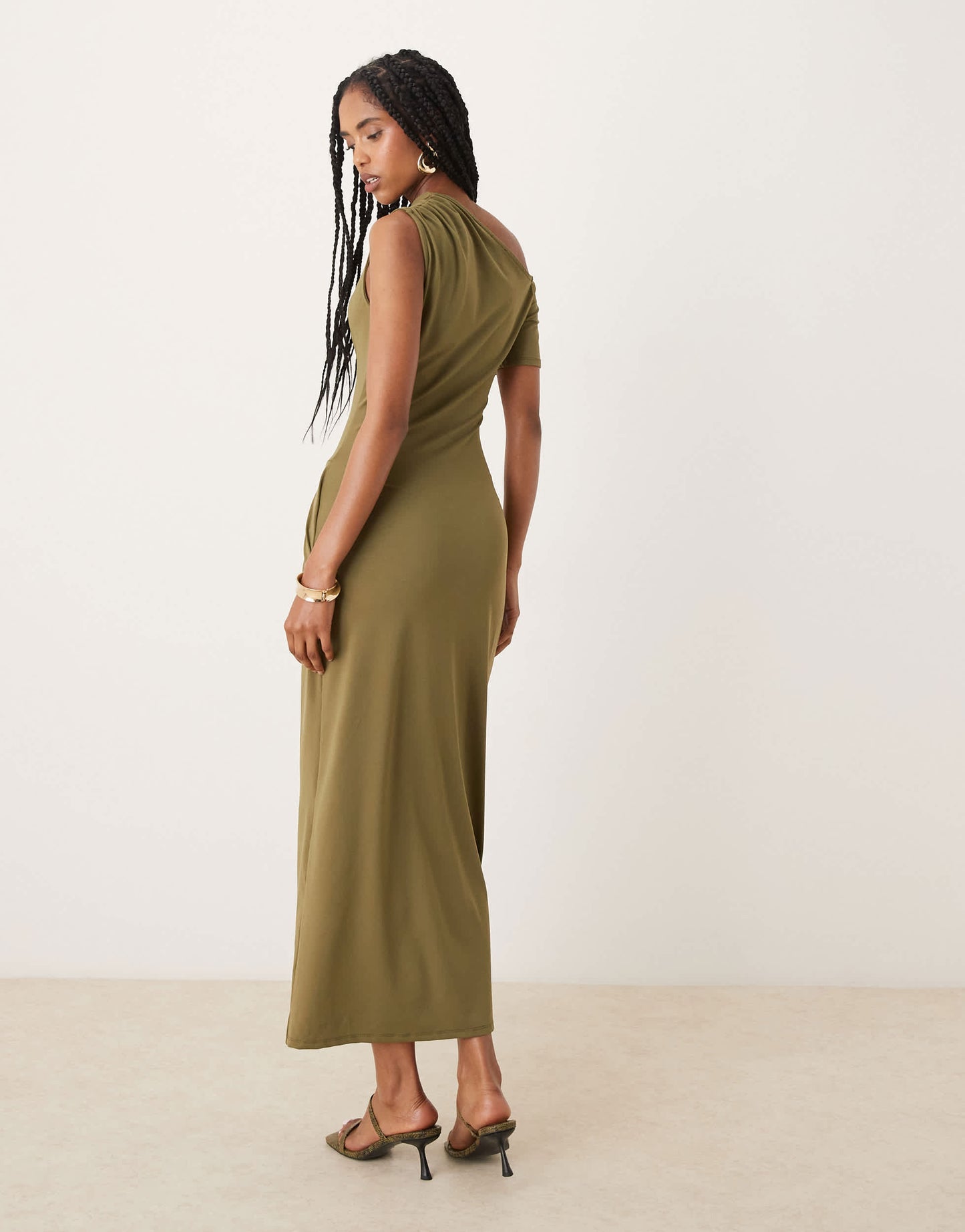 ASOS DESIGN fallen shoulder twist detail midi dress in olive