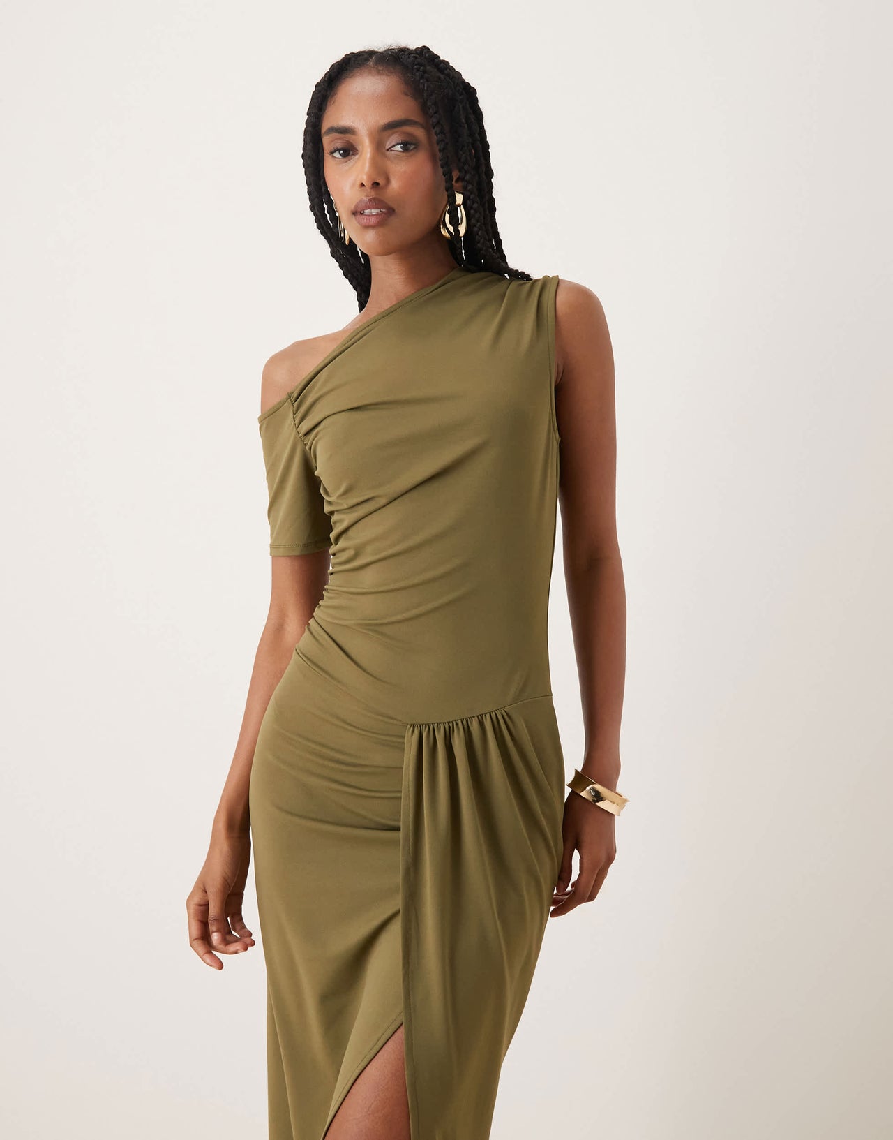 ASOS DESIGN fallen shoulder twist detail midi dress in olive
