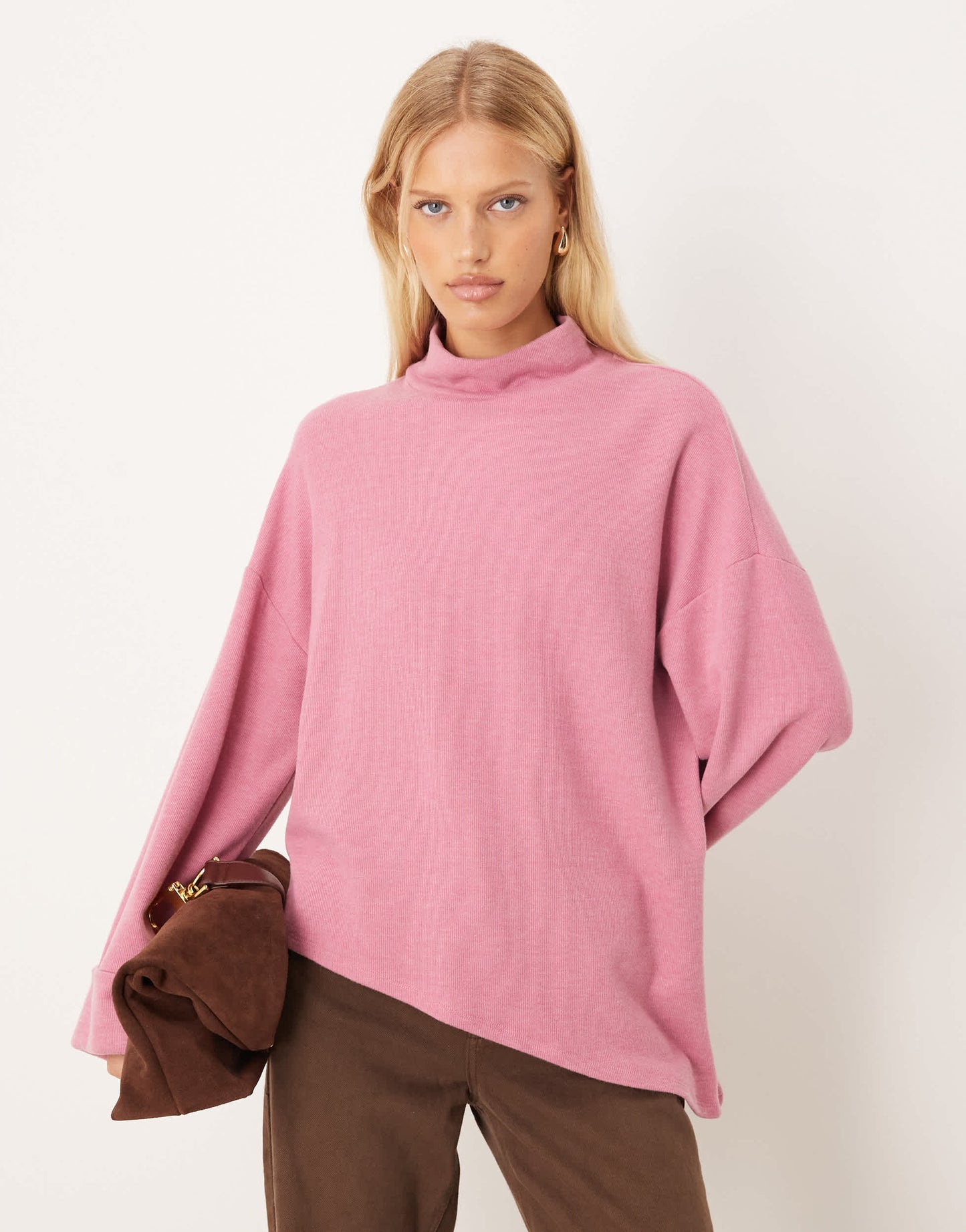 ASOS DESIGN Supersoft asymmetric jumper with turn back cuff in pink - PINK