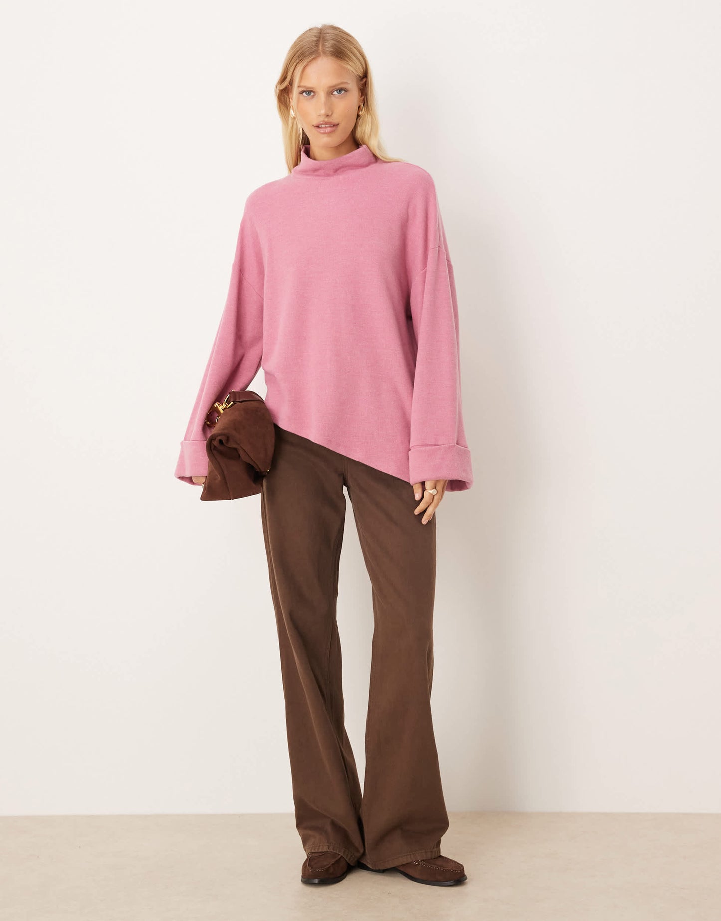ASOS DESIGN Supersoft asymmetric jumper with turn back cuff in pink - PINK