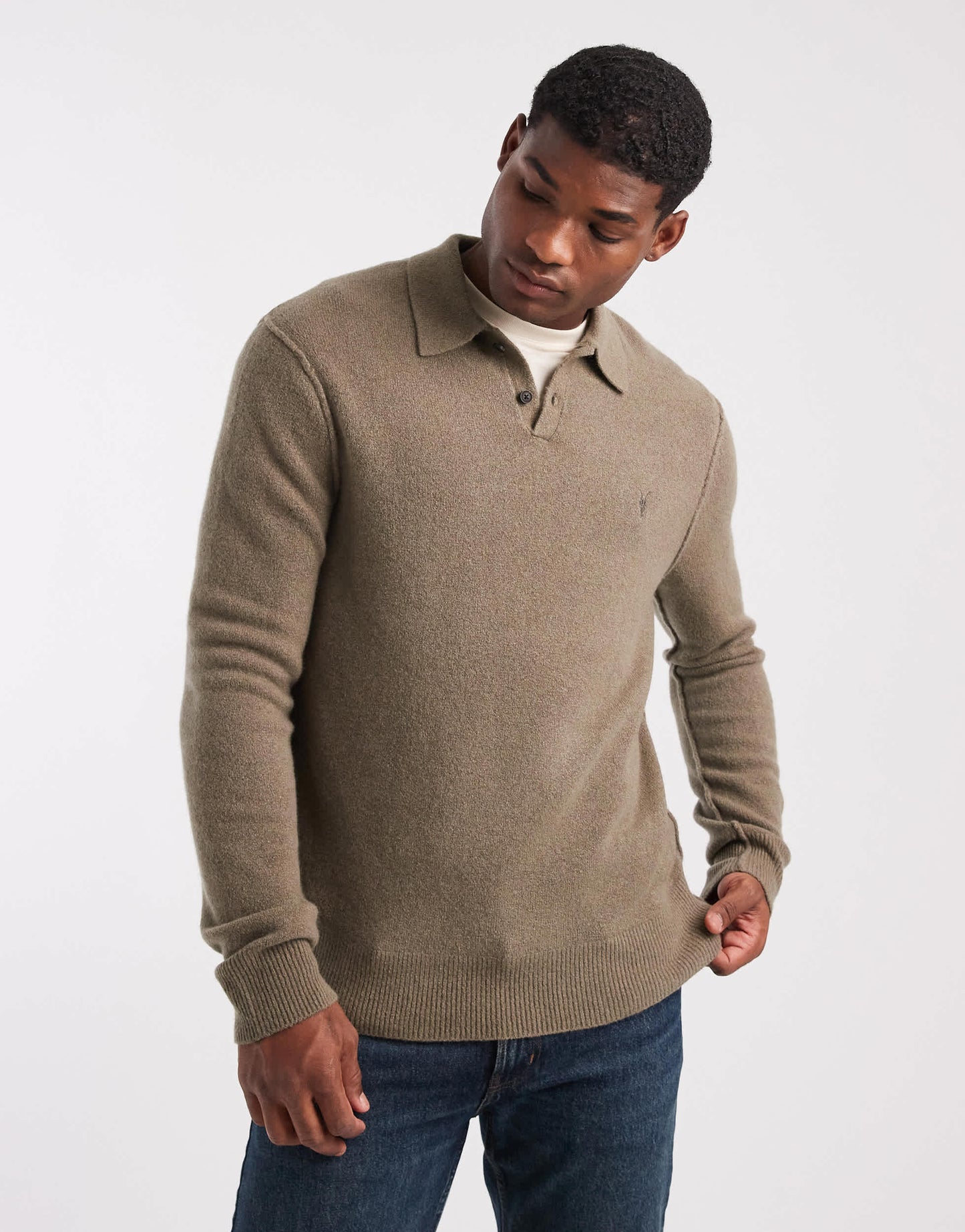 Allsaints Statten knitted long sleeve polo in green - KHAKI