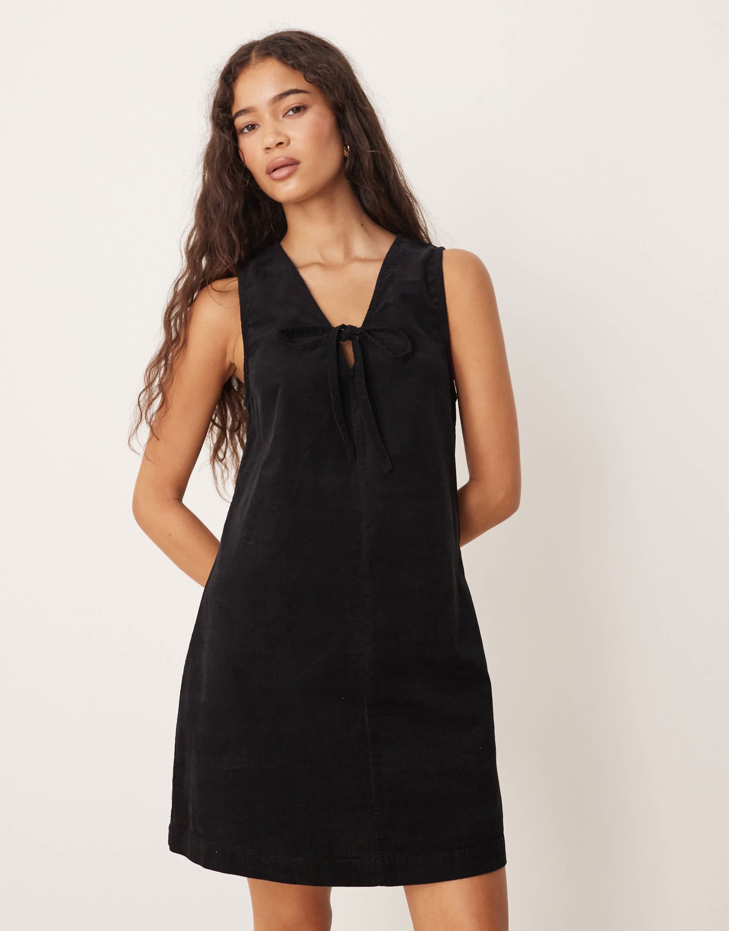 Nobody's Child Nila tie-detail cord pinafore mini dress in black
