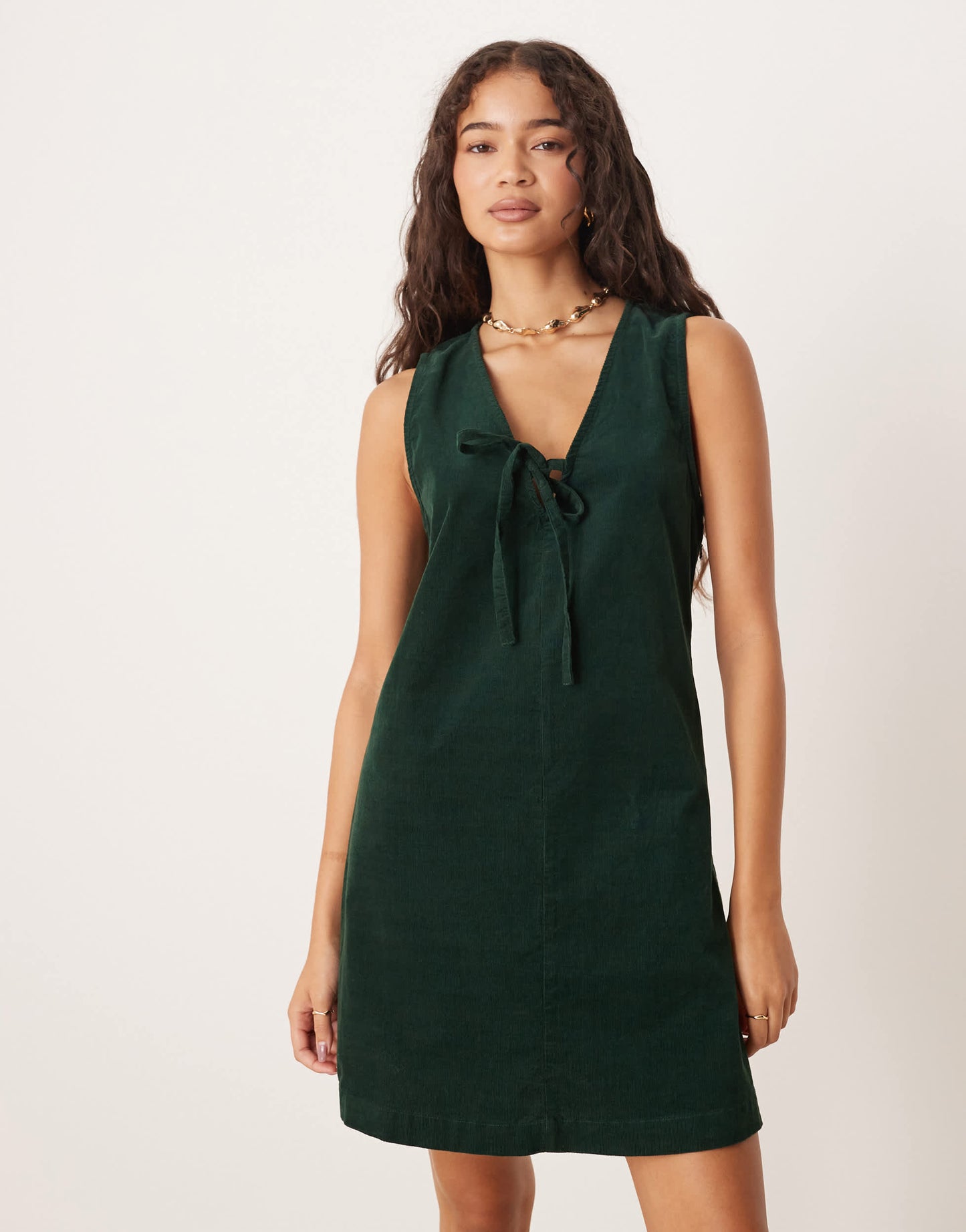 Nobody's Child Nila tie-detail cord pinafore mini dress in dark green