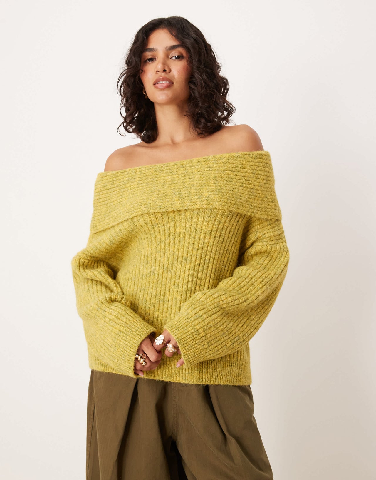 ASOS DESIGN oversized off shoulder jumper with wool in olive