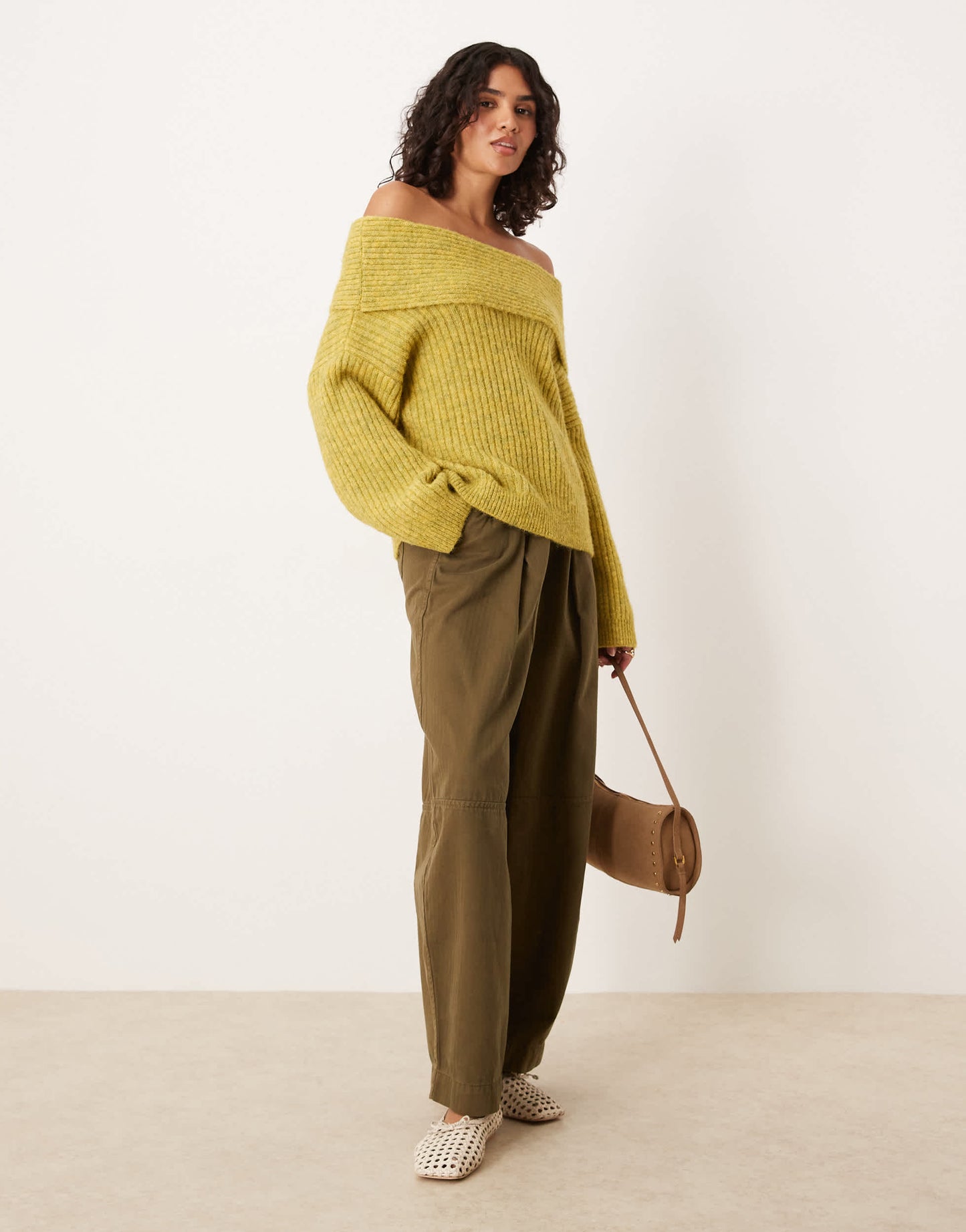 ASOS DESIGN oversized off shoulder jumper with wool in olive