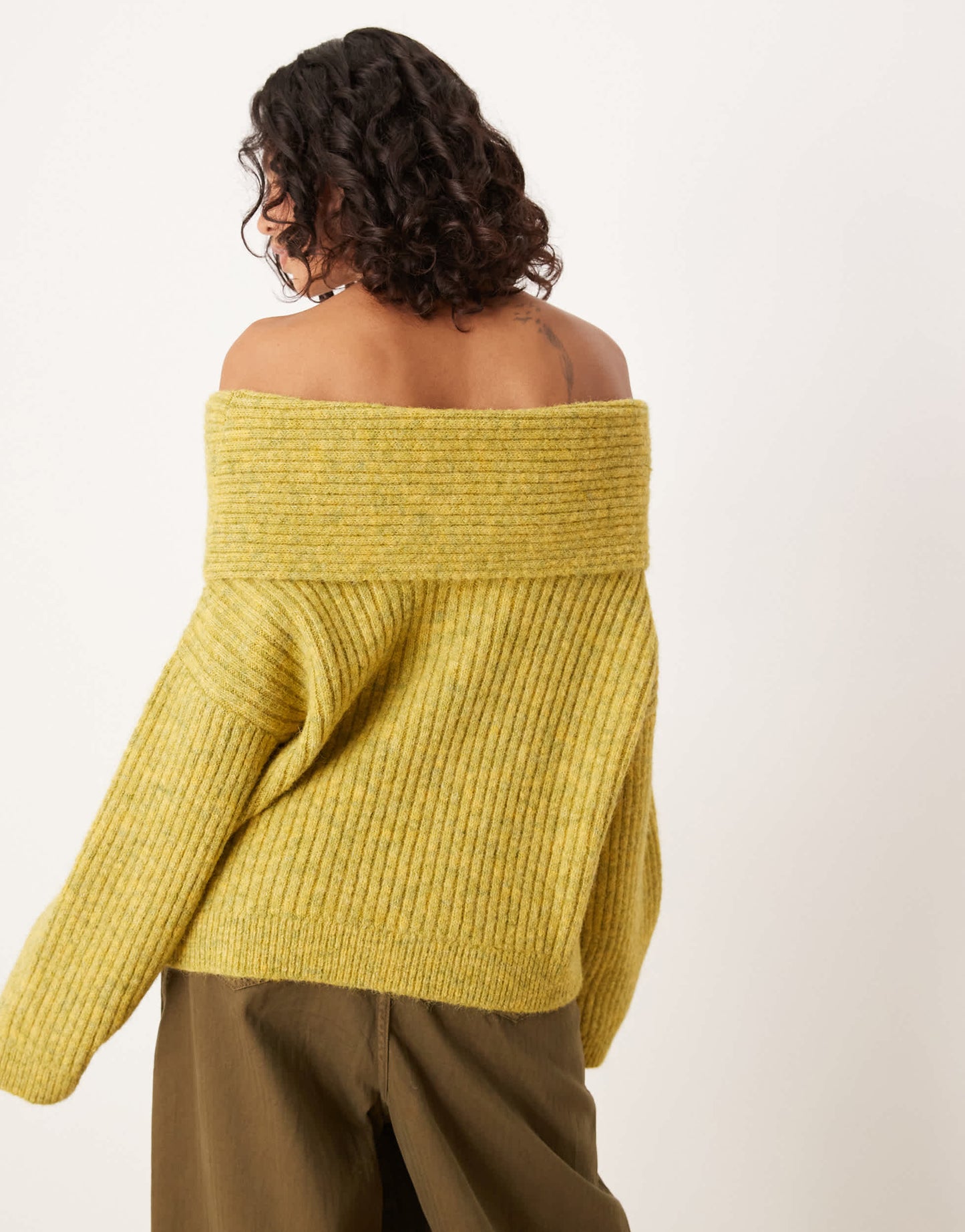 ASOS DESIGN oversized off shoulder jumper with wool in olive