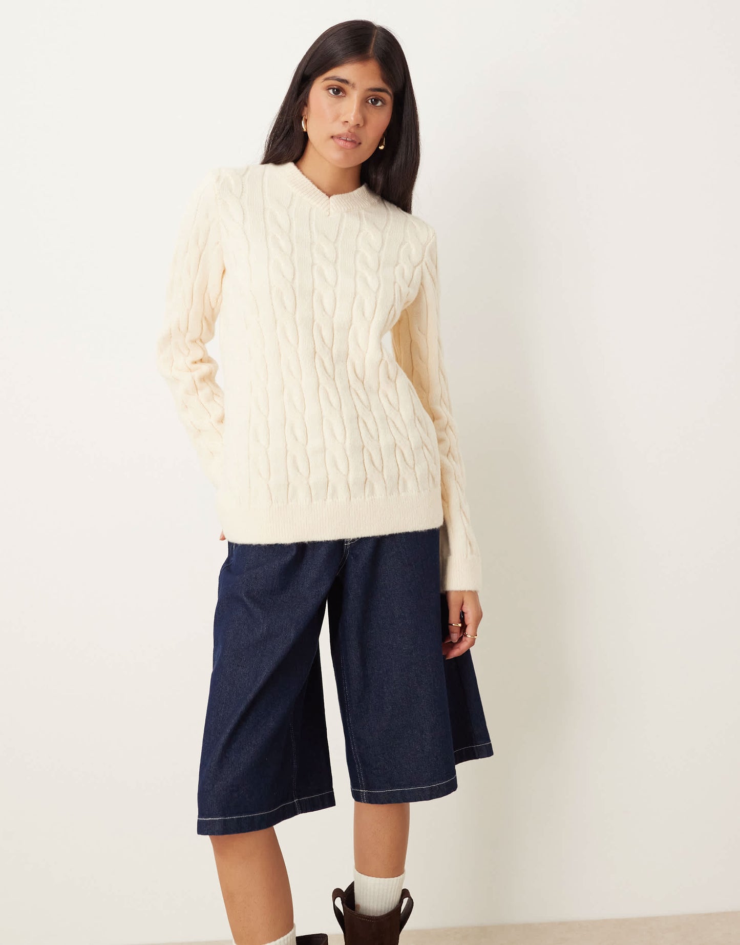 ASOS DESIGN cable knit jumper with high v neck in ecru