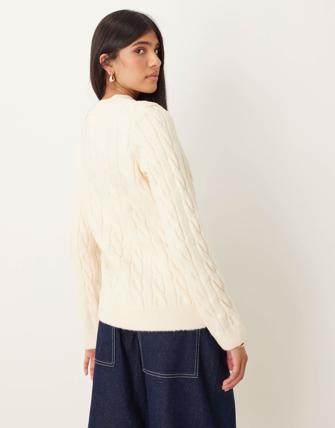 ASOS DESIGN cable knit jumper with high v neck in ecru