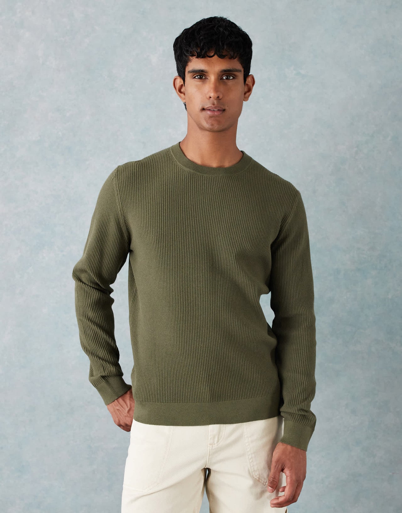 Mango cotton mix knitted crew neck jumper in olive green