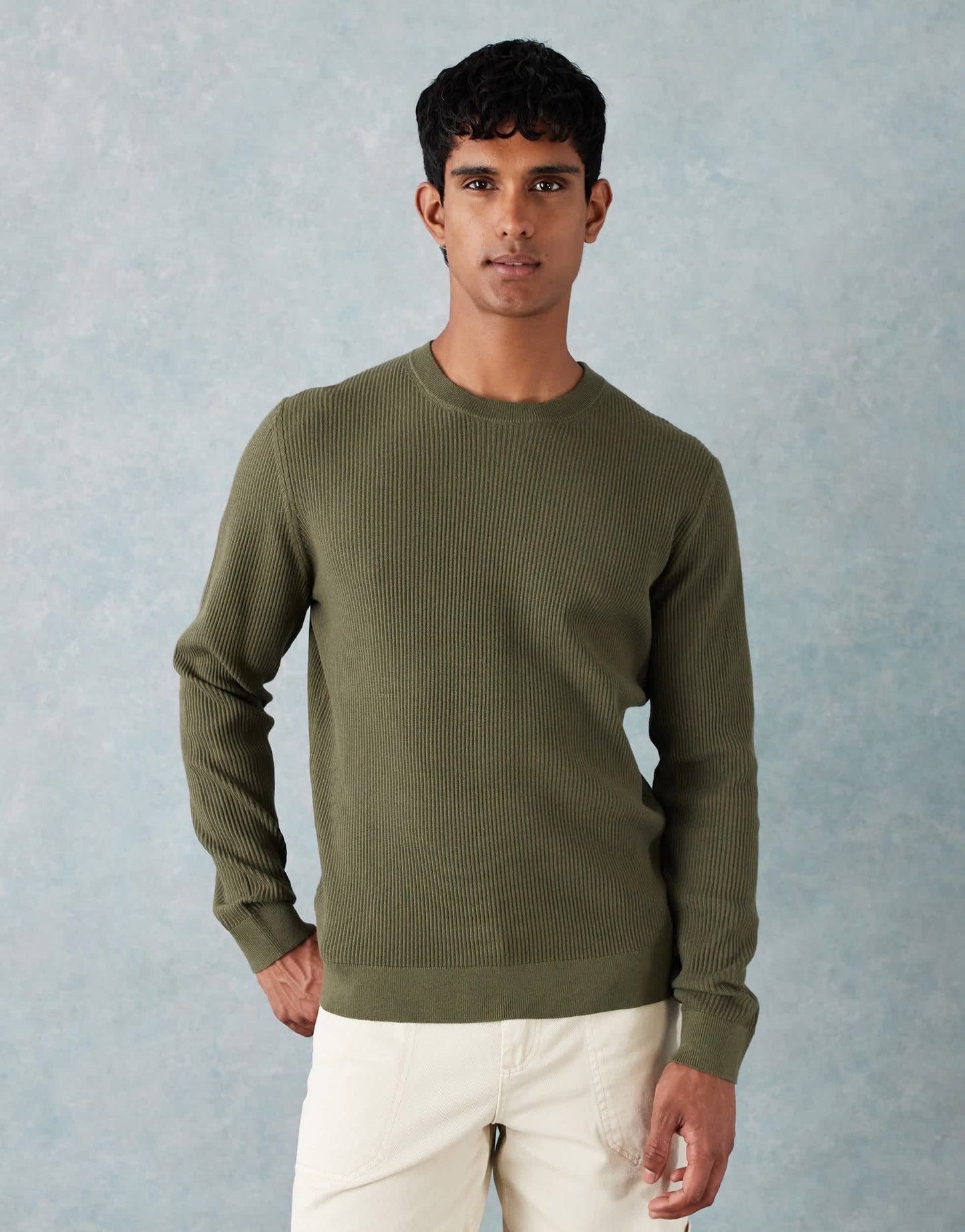 Mango cotton mix knitted crew neck jumper in olive green