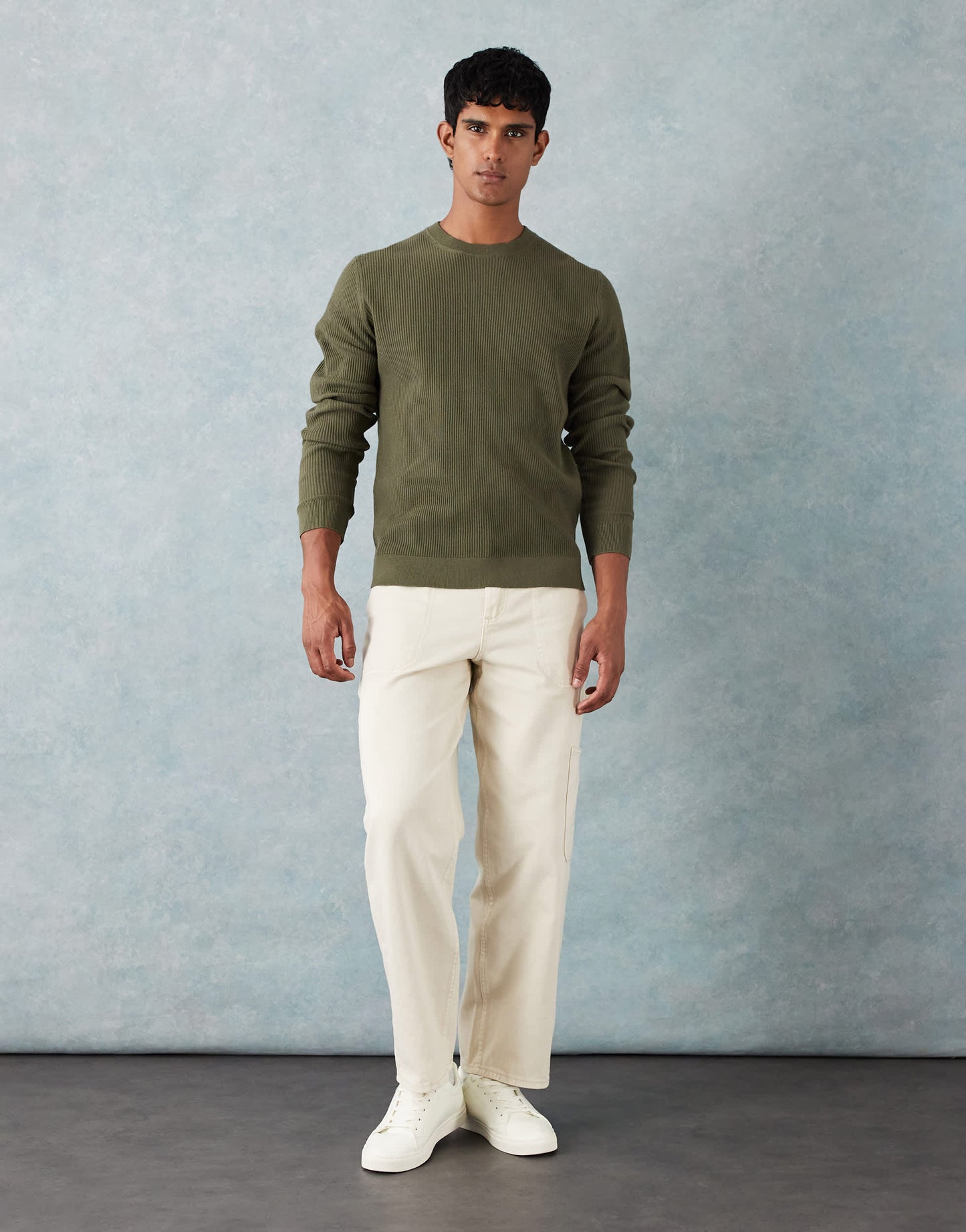 Mango cotton mix knitted crew neck jumper in olive green