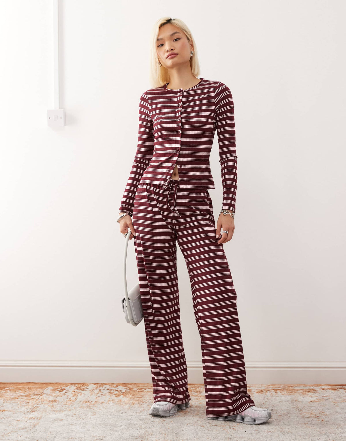 COLLUSION relaxed rib trousers in maroon stripe co-ord