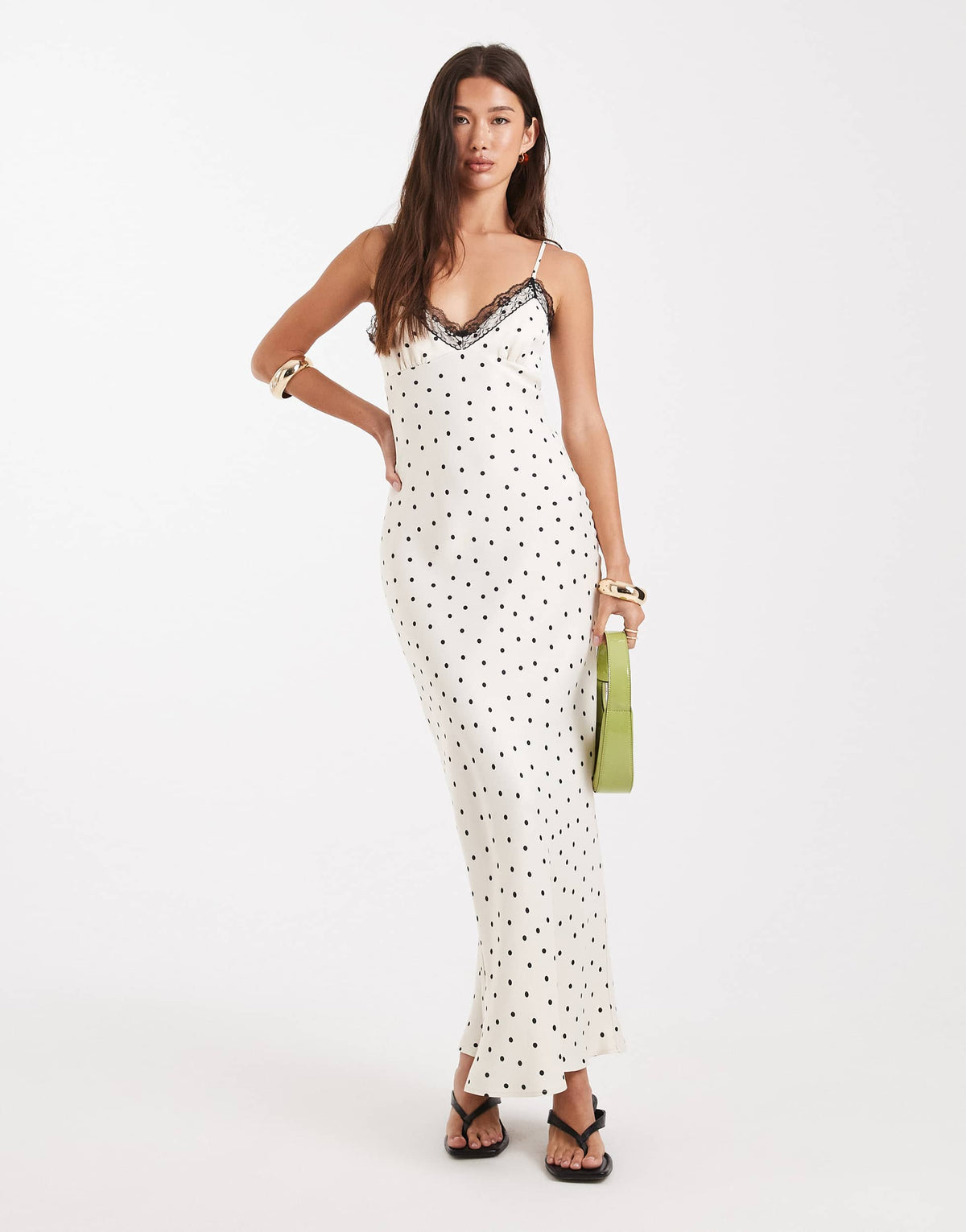 Miss Selfridge satin and lace midi dress in polka dot