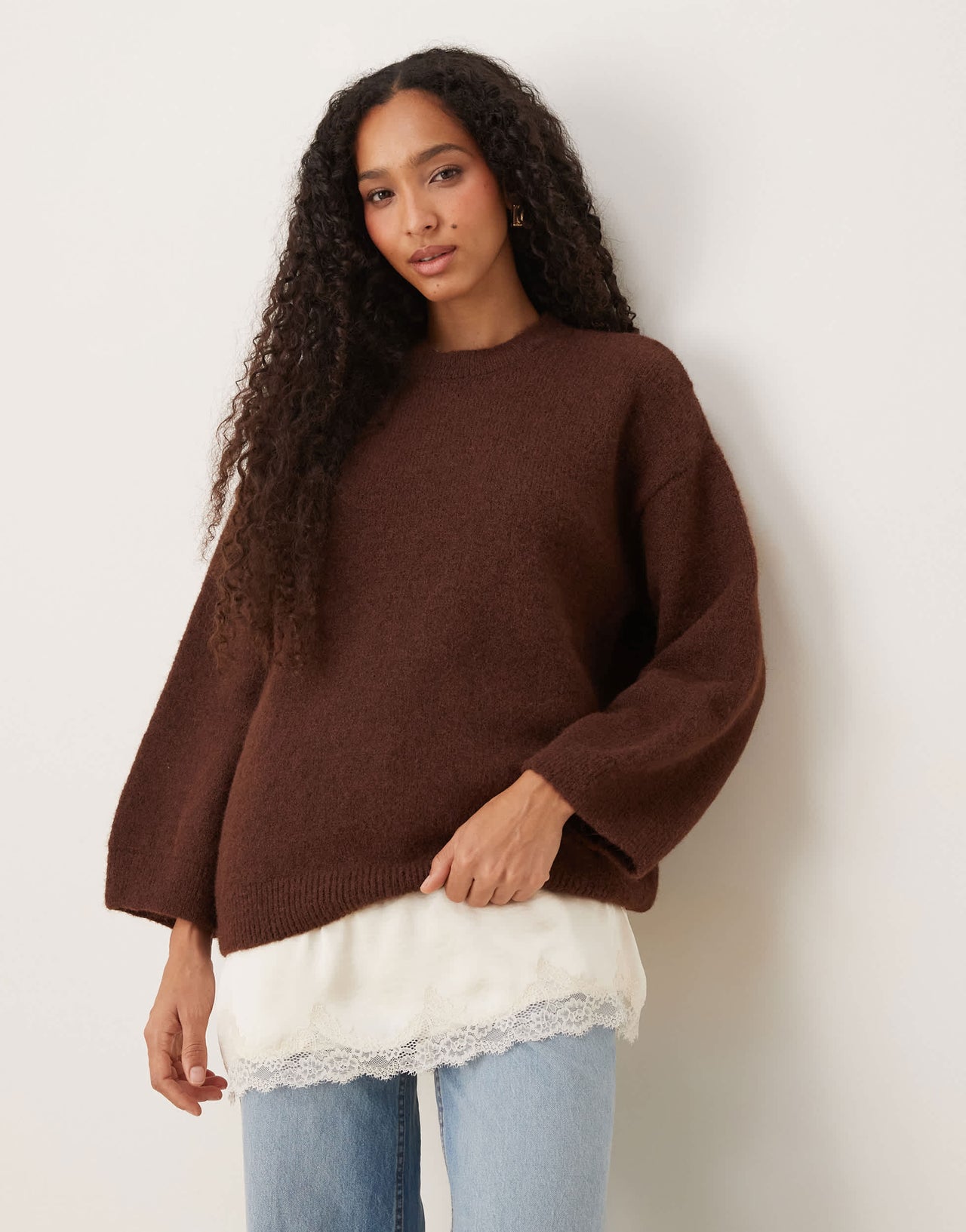 ASOS DESIGN fluffy wide sleeve knitted jumper with wool in brown