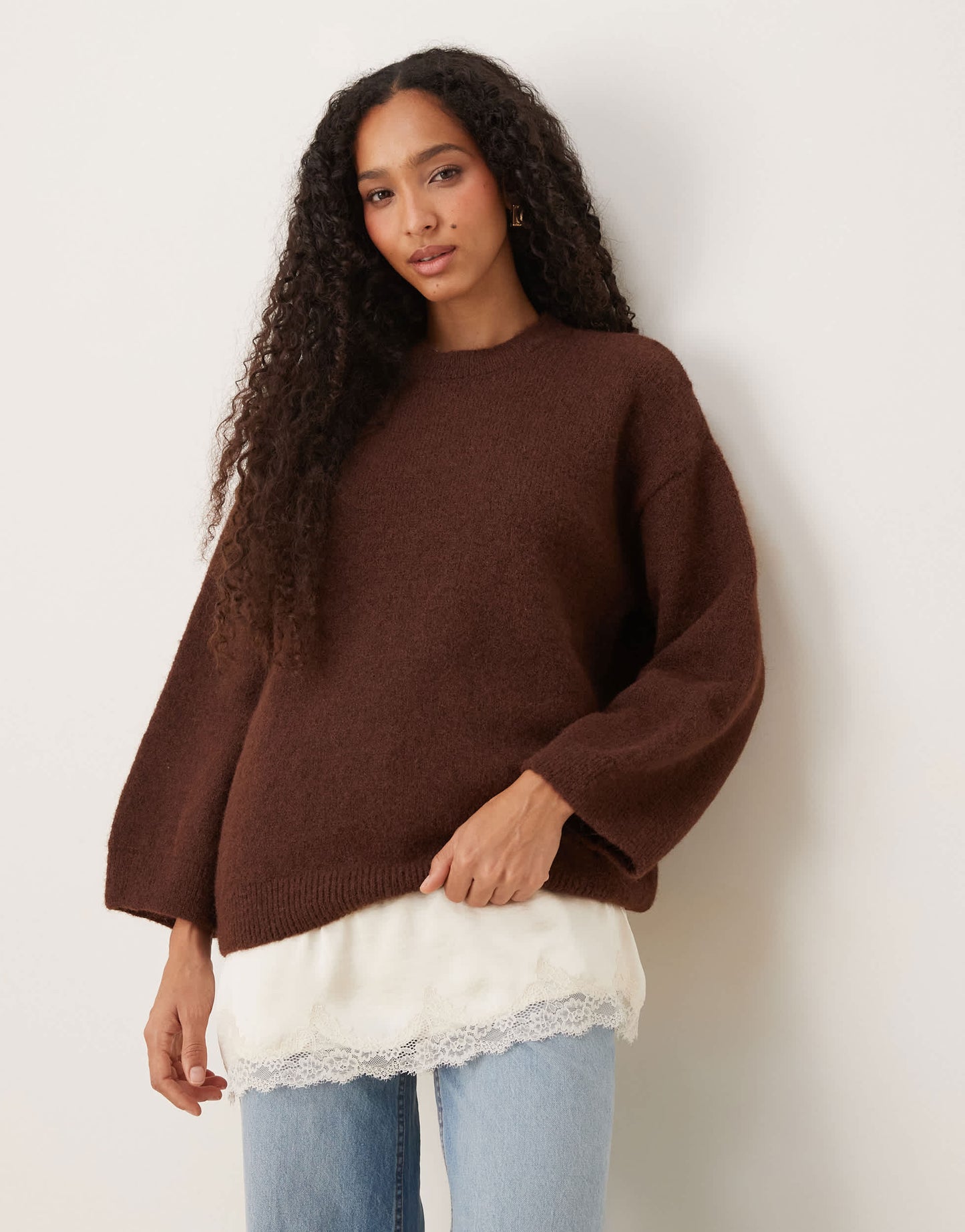 ASOS DESIGN fluffy wide sleeve knitted jumper with wool in brown