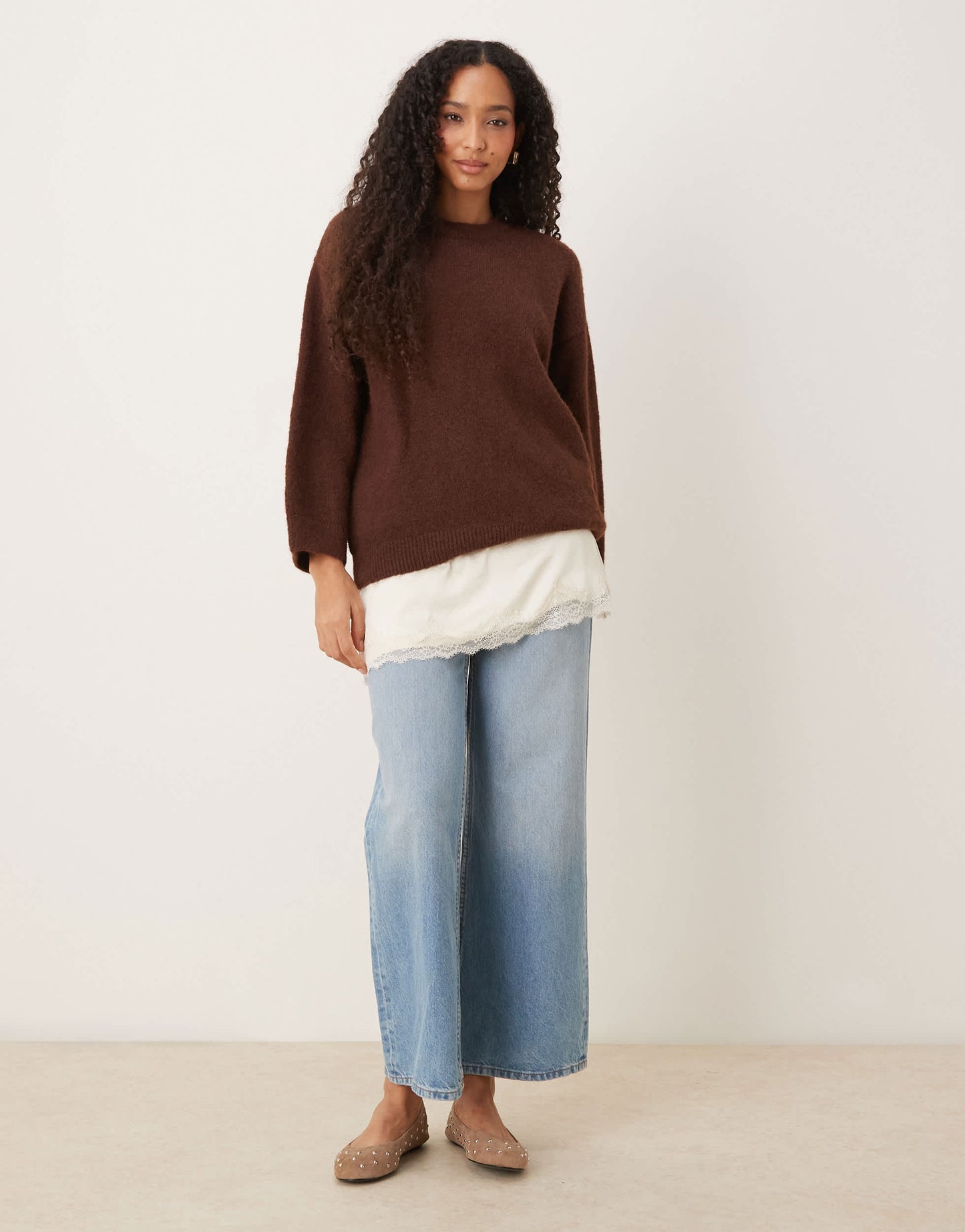 ASOS DESIGN fluffy wide sleeve knitted jumper with wool in brown