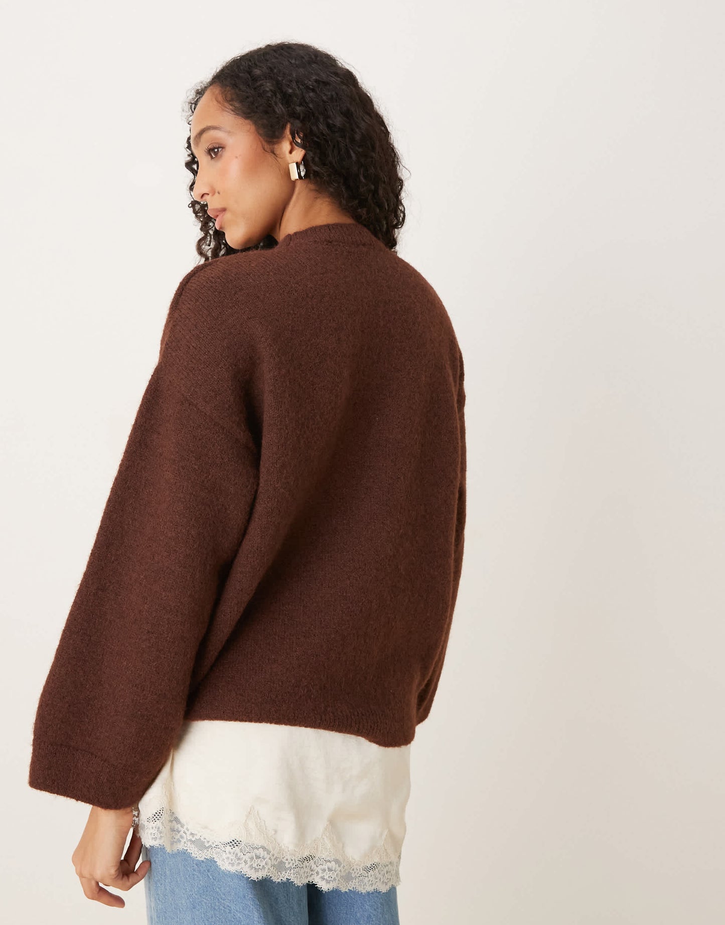 ASOS DESIGN fluffy wide sleeve knitted jumper with wool in brown