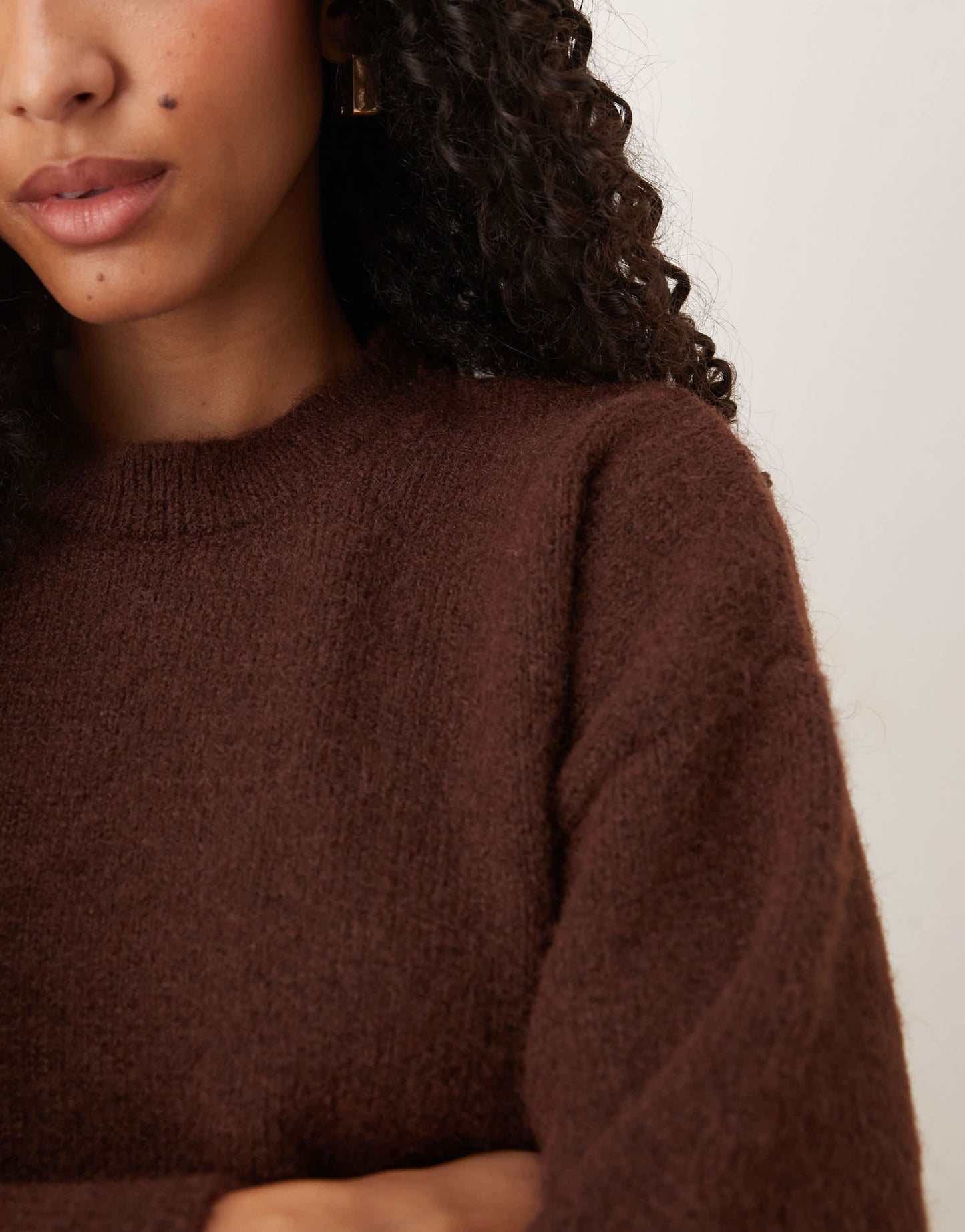 ASOS DESIGN fluffy wide sleeve knitted jumper with wool in brown