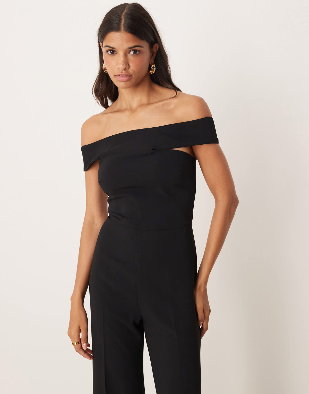 Mango off shoulder jumpsuit in black