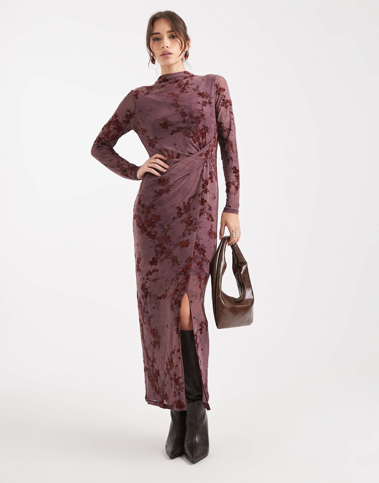 French Connection high neck mesh midi dress with velvet burnout in plum