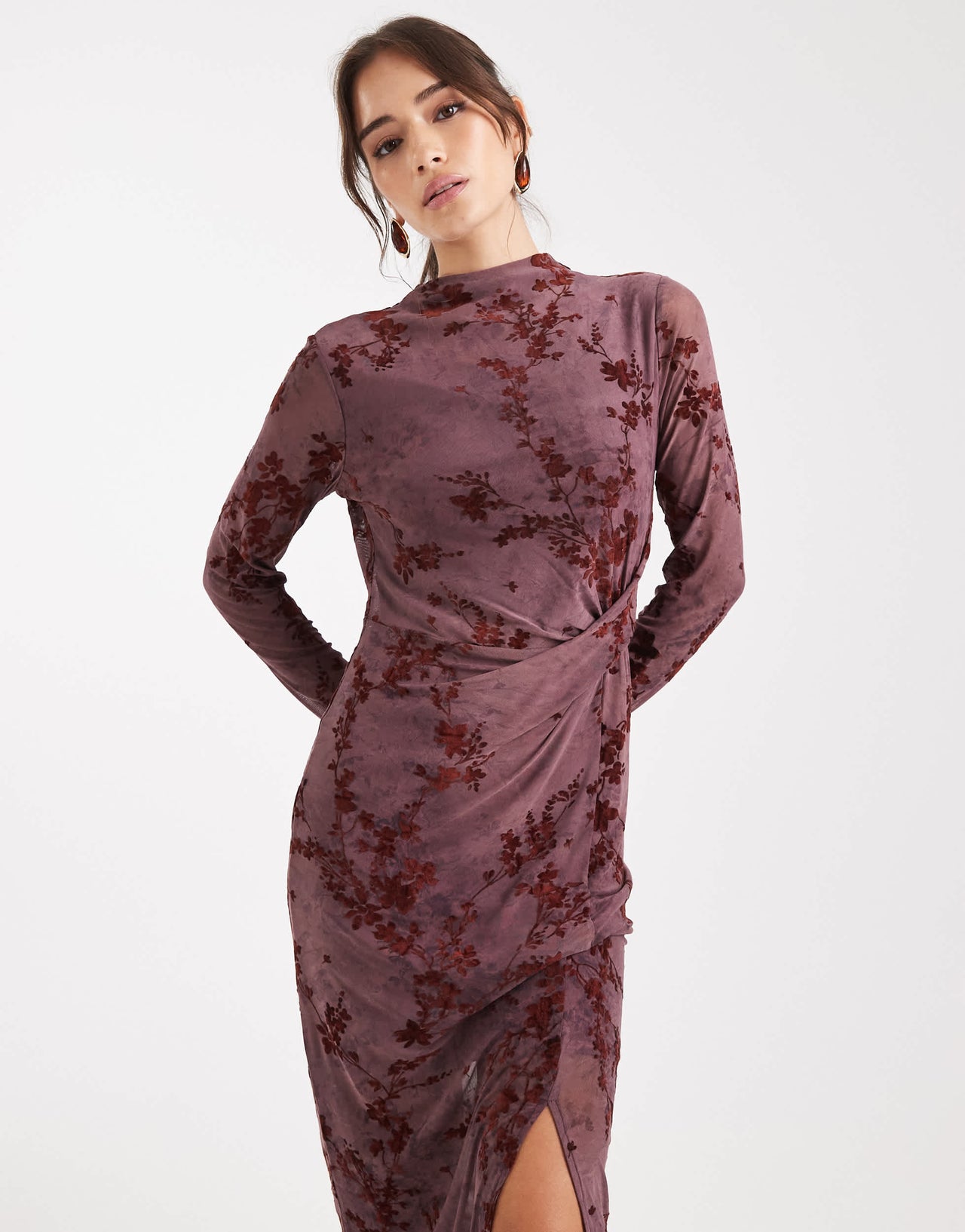 French Connection high neck mesh midi dress with velvet burnout in plum